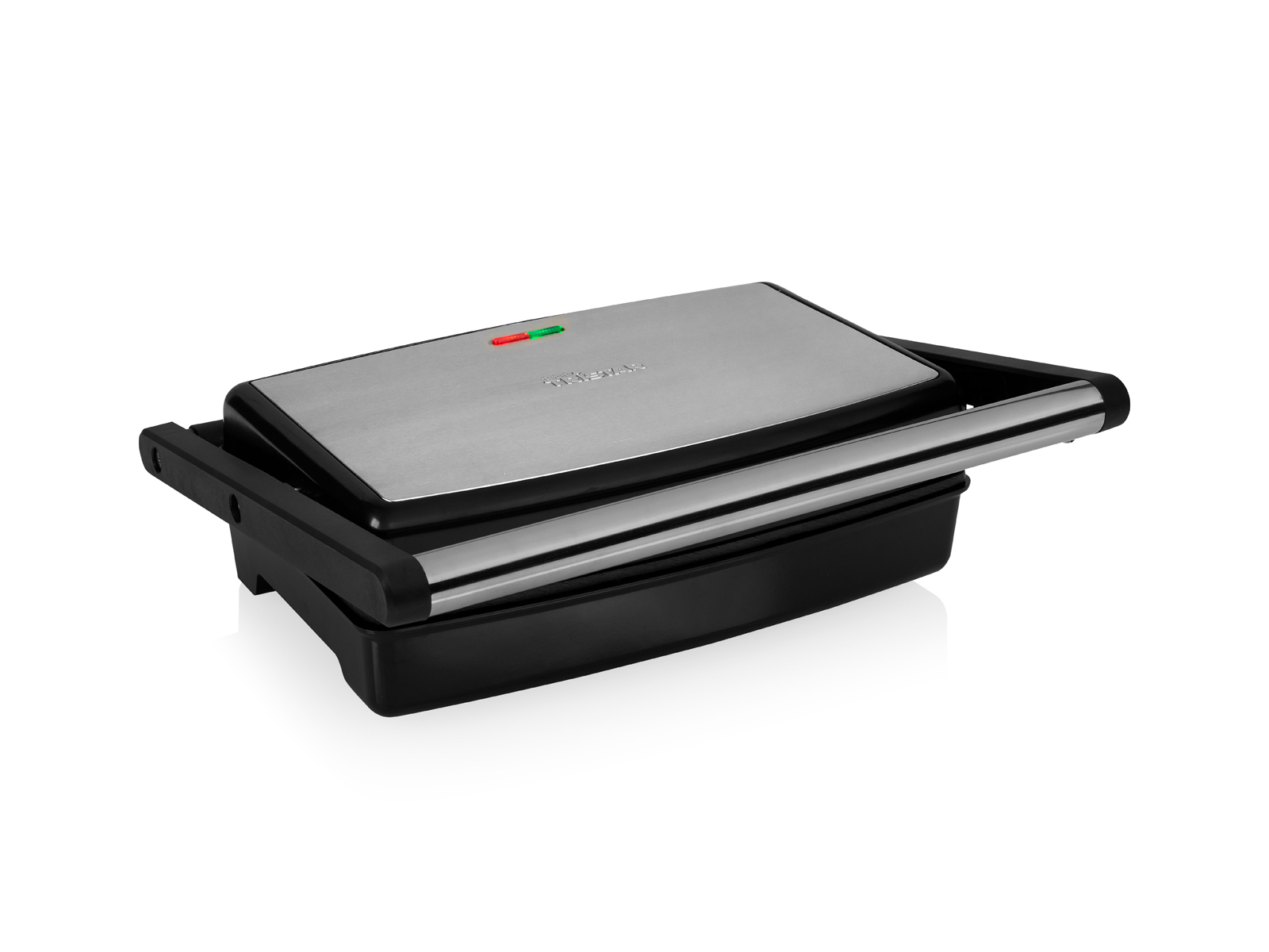 Silberner und schwarzer Sandwichmaker, leicht geöffnet. Hat ein rotes und grünes Licht.