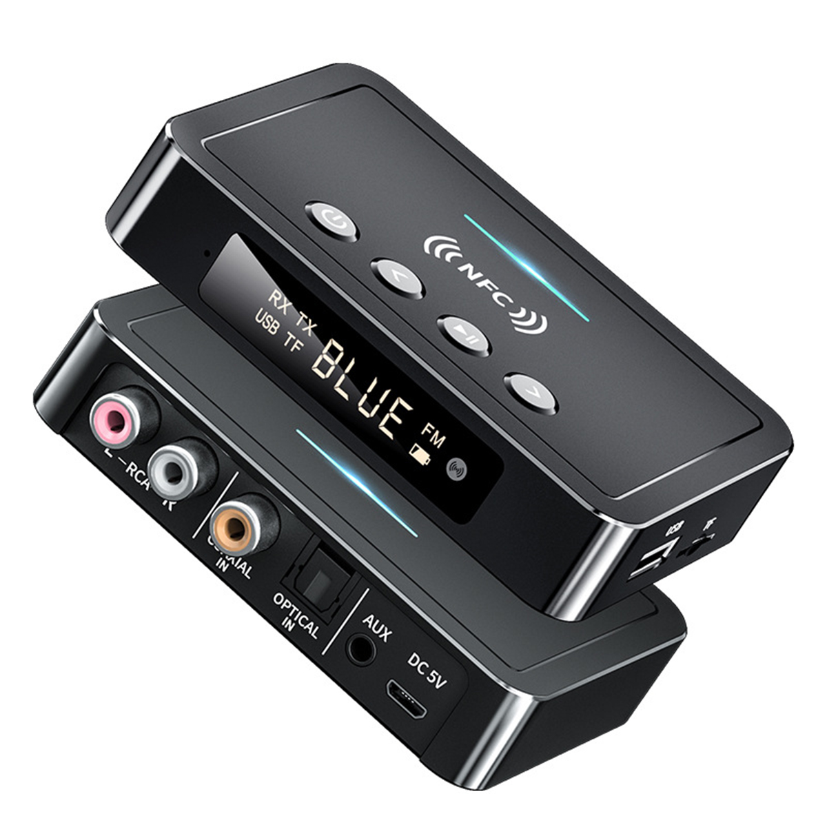 Schwarzer und silberner Bluetooth-Empfänger mit Knöpfen, Display und Anschlüssen.