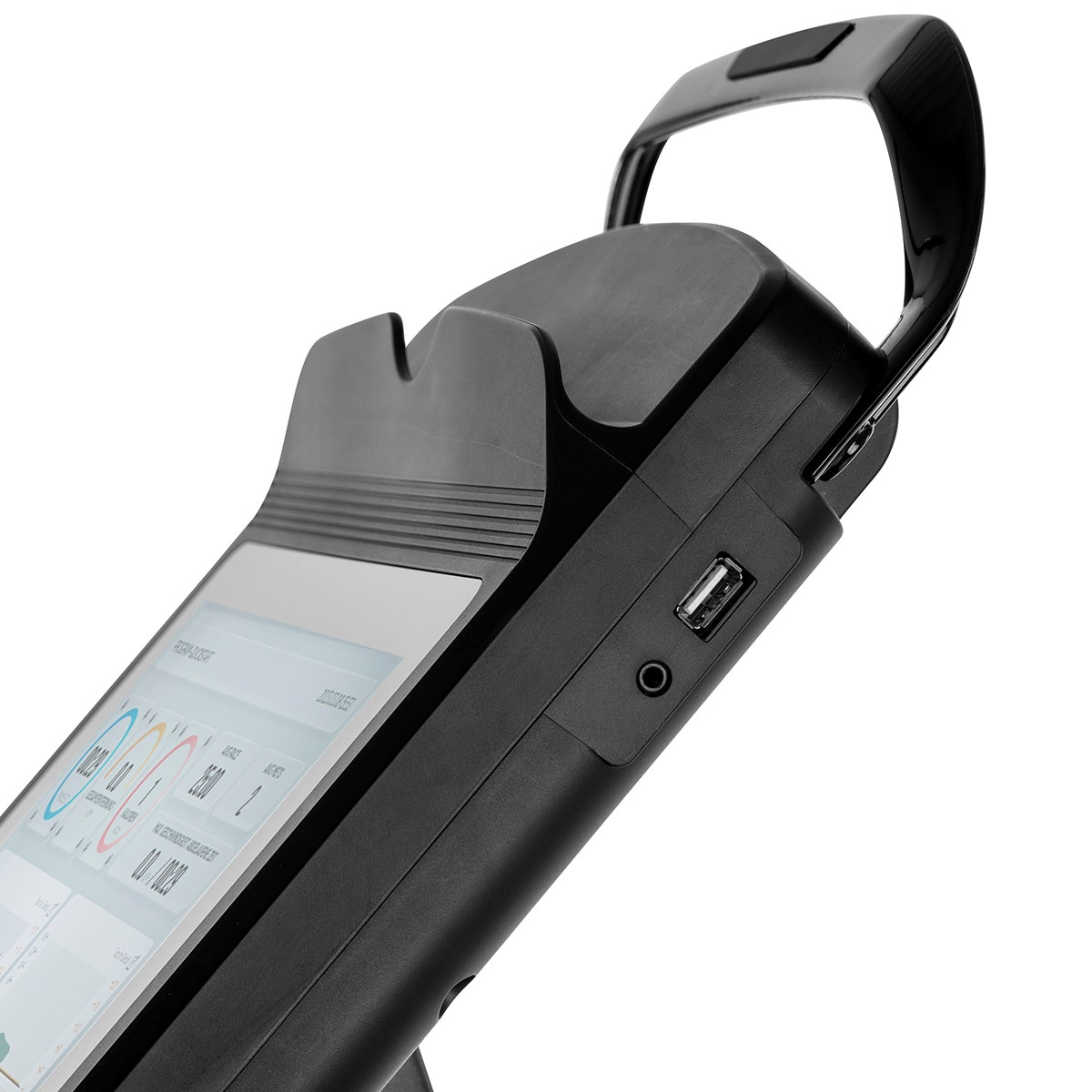 Schwarzes Handgerät mit Bildschirm, USB-Anschluss und Griff.