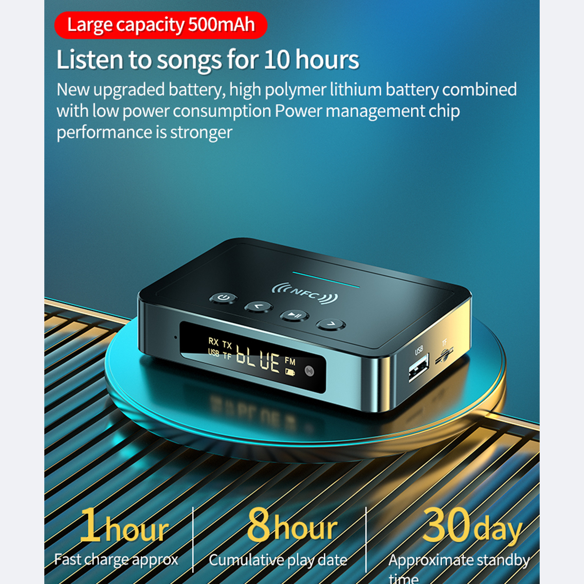 Receptor Bluetooth rectangular pequeño. Características incluyen pantalla, botones y puerto USB. Indicadores de tiempo.