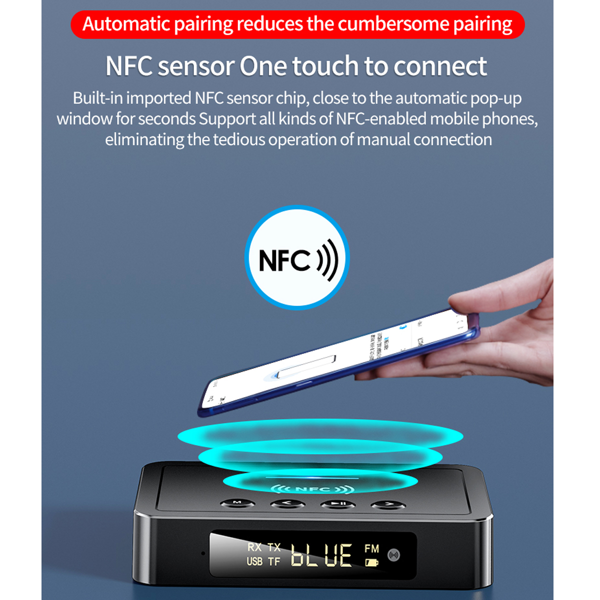 Dispositivo NFC y teléfono mostrando conexión NFC. Texto sobre NFC. Dispositivo negro, detalles azules, texto blanco.