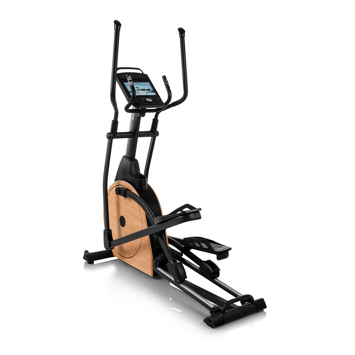 Ein elliptischer Trainingsgerät mit schwarzem und Holz-Finish. Es befindet sich auf weißem Hintergrund.