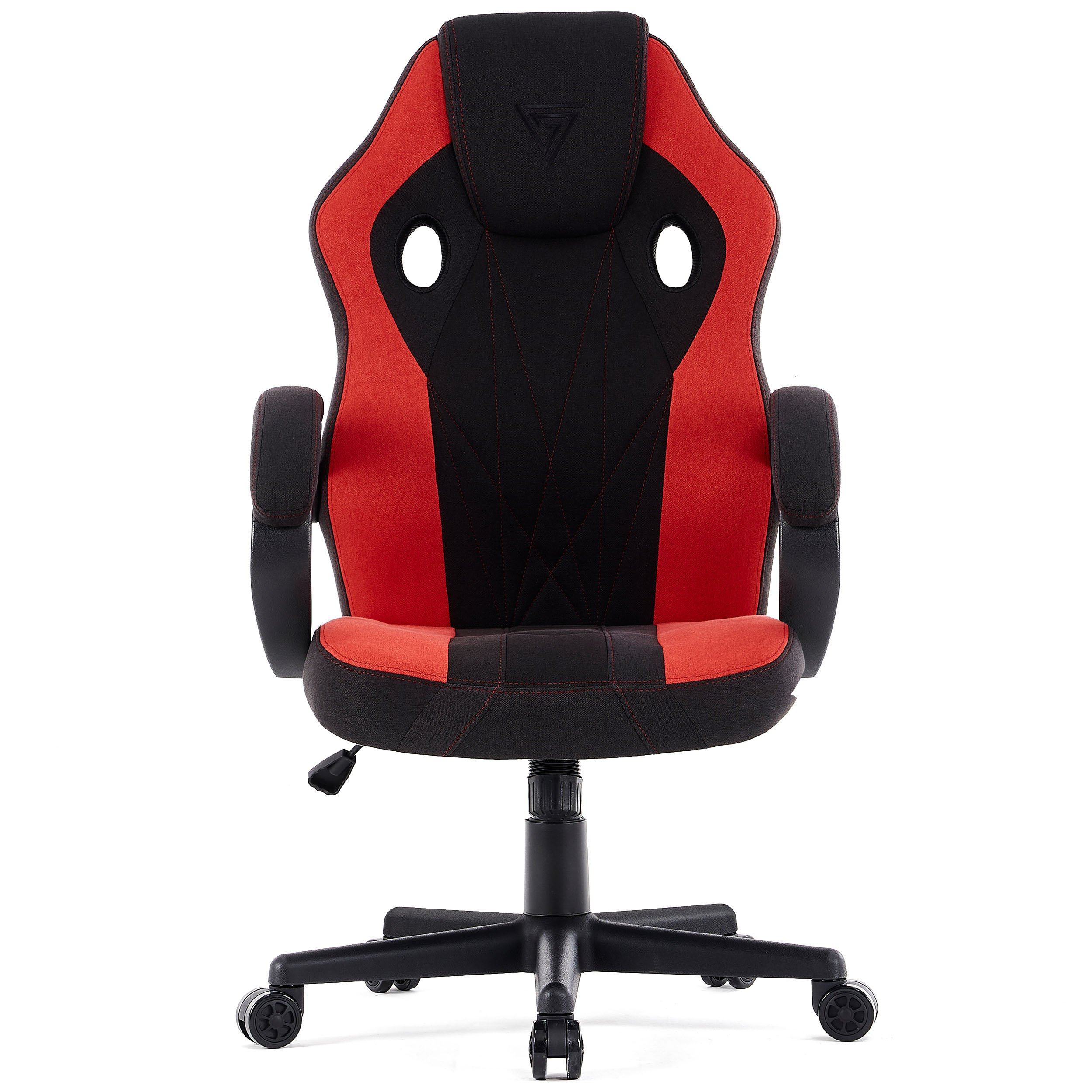 Roter und schwarzer Gaming-Stuhl mit Rädern und schwarzem Fuß.