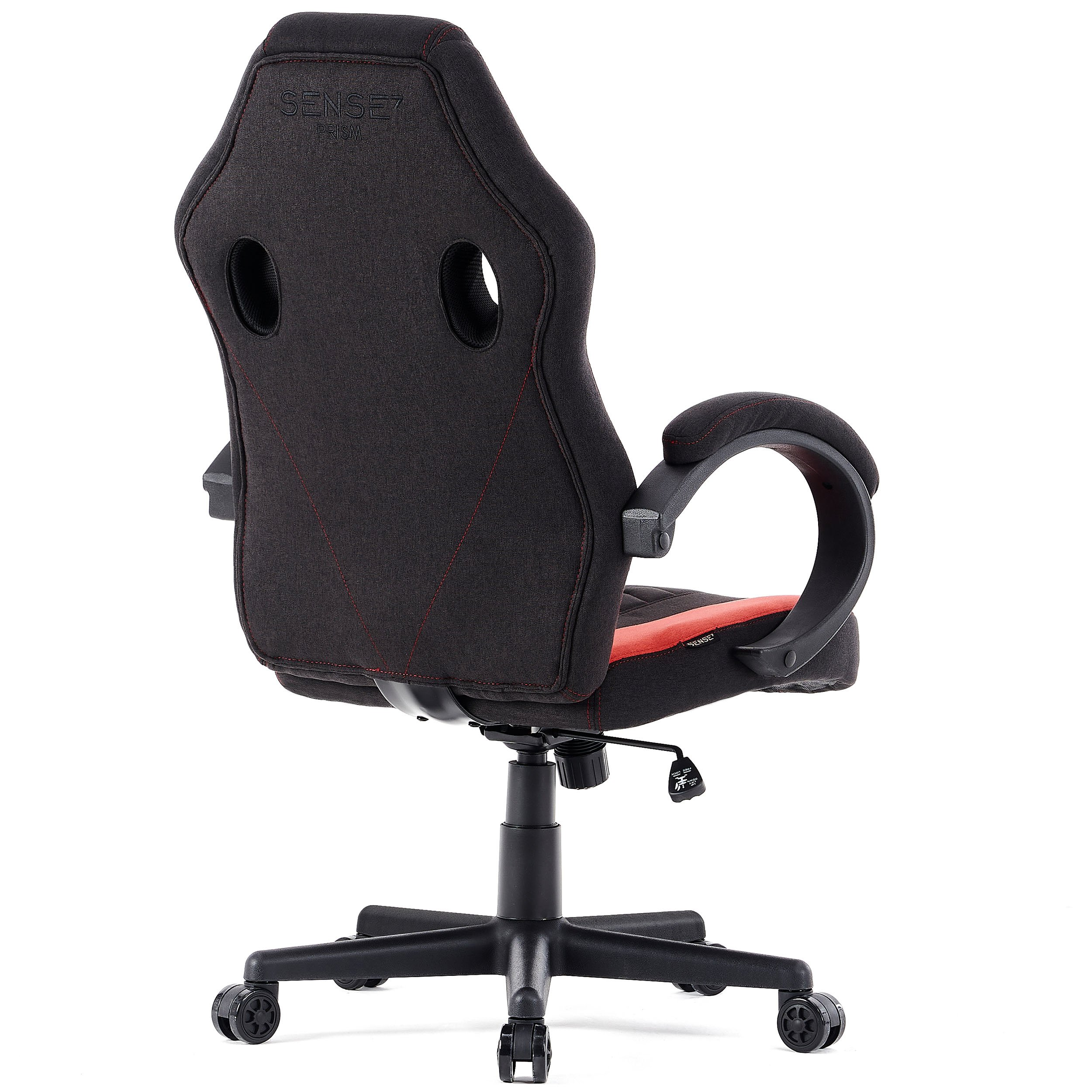 Gaming-Stuhl-Rückansicht. Schwarz mit roten Akzenten und zwei Löchern.