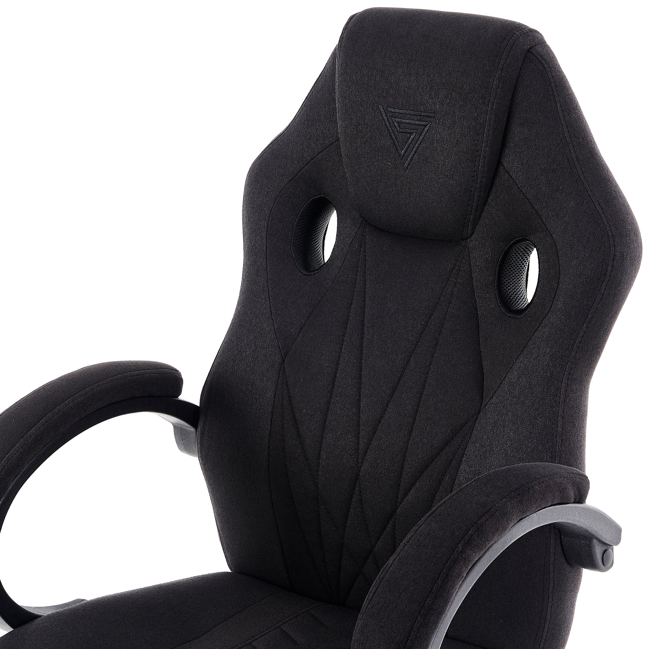 Schwarzer Gaming-Stuhl mit Kopfstütze, vor weißem Hintergrund.