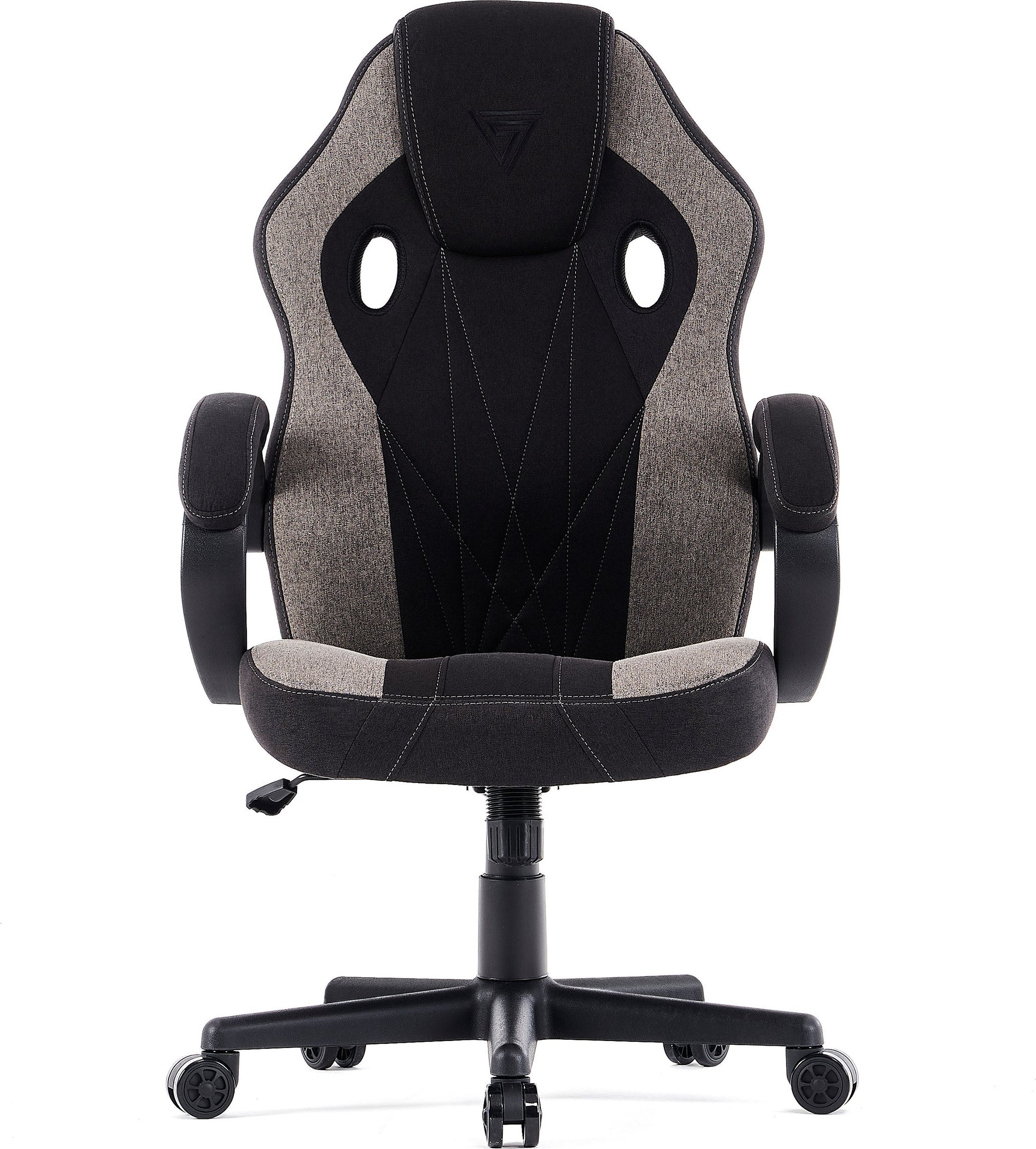 Gaming-Stuhl. Schwarz-graues Design. Schwarzes Gestell, mit grauer und schwarzer Rückenlehne.