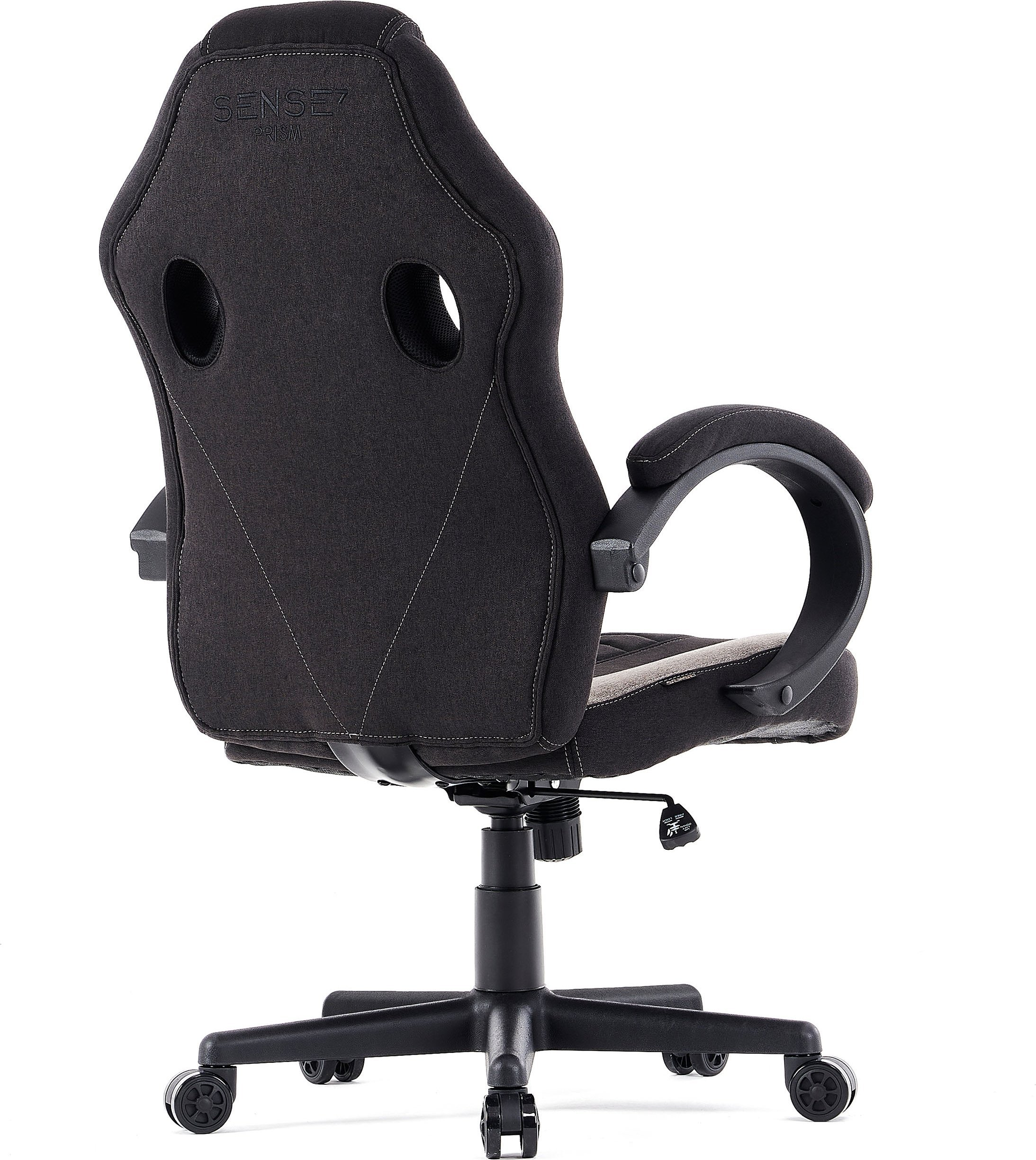 Ein schwarzer Gaming-Stuhl von hinten mit schwarzem Rahmen und zwei Löchern.