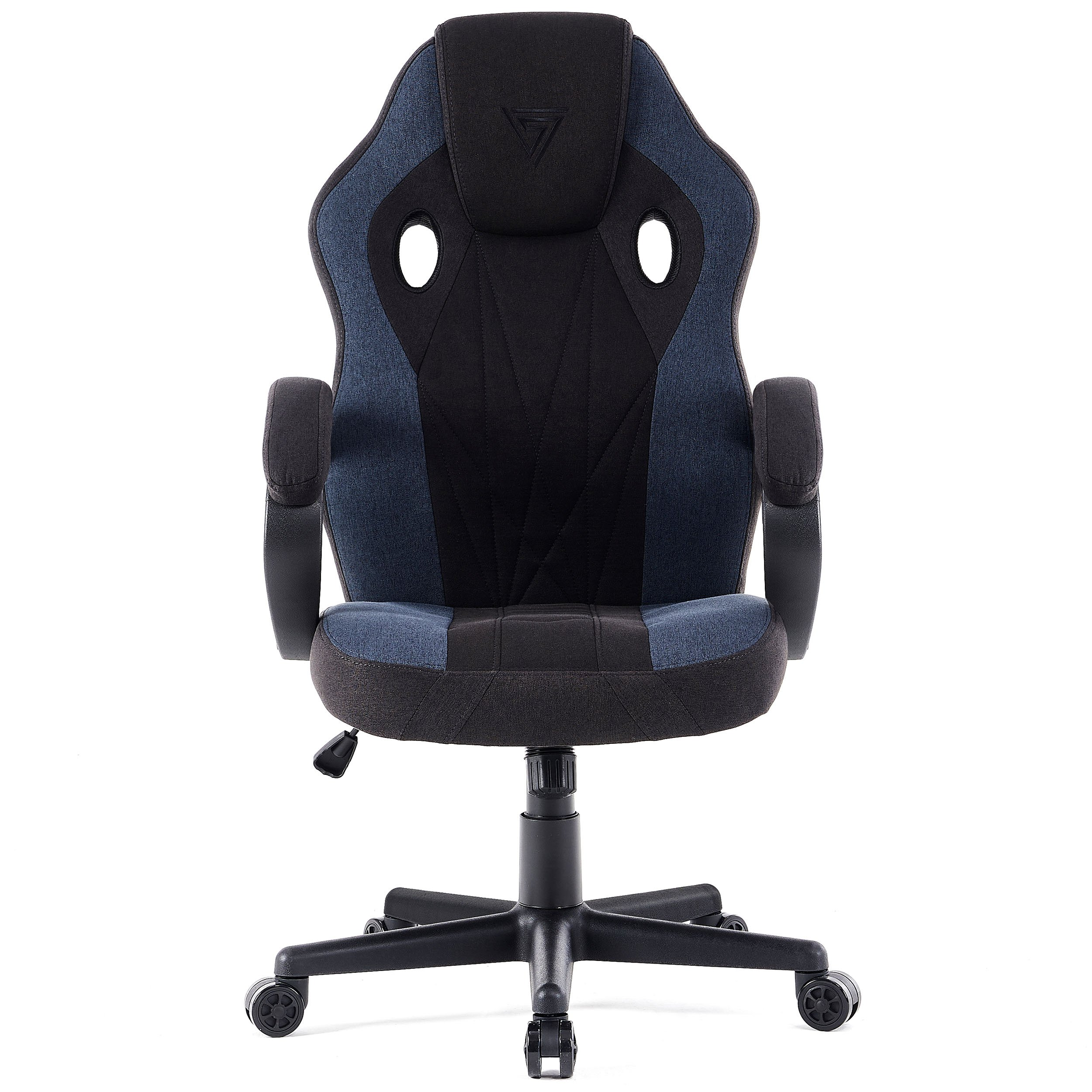 Gaming-Stuhl, Vorderansicht. Schwarz, blau und grau mit Armlehnen und Rädern.