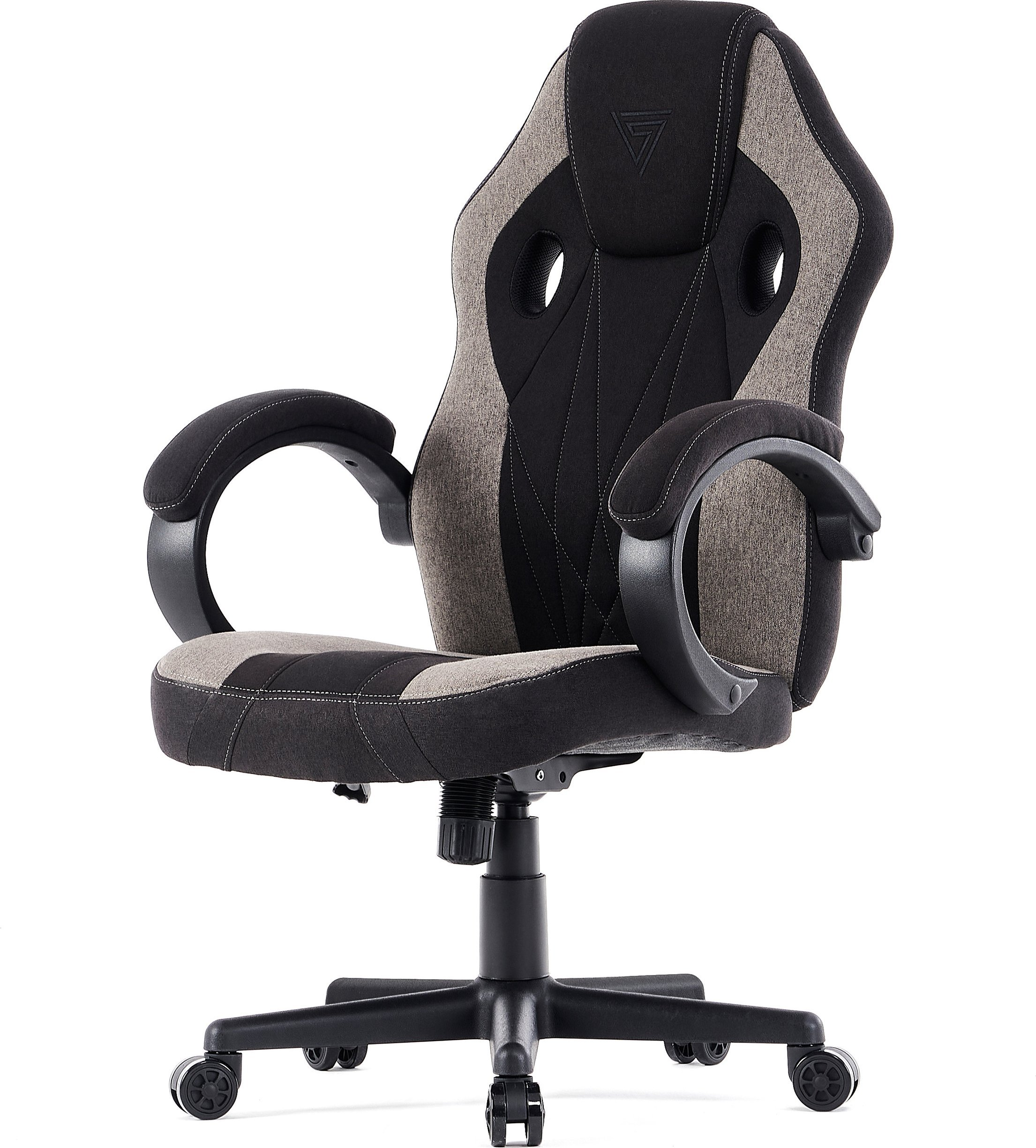 Gaming-Stuhl, schwarz und grau, mit Armlehnen und Rollen. Weißer Hintergrund.