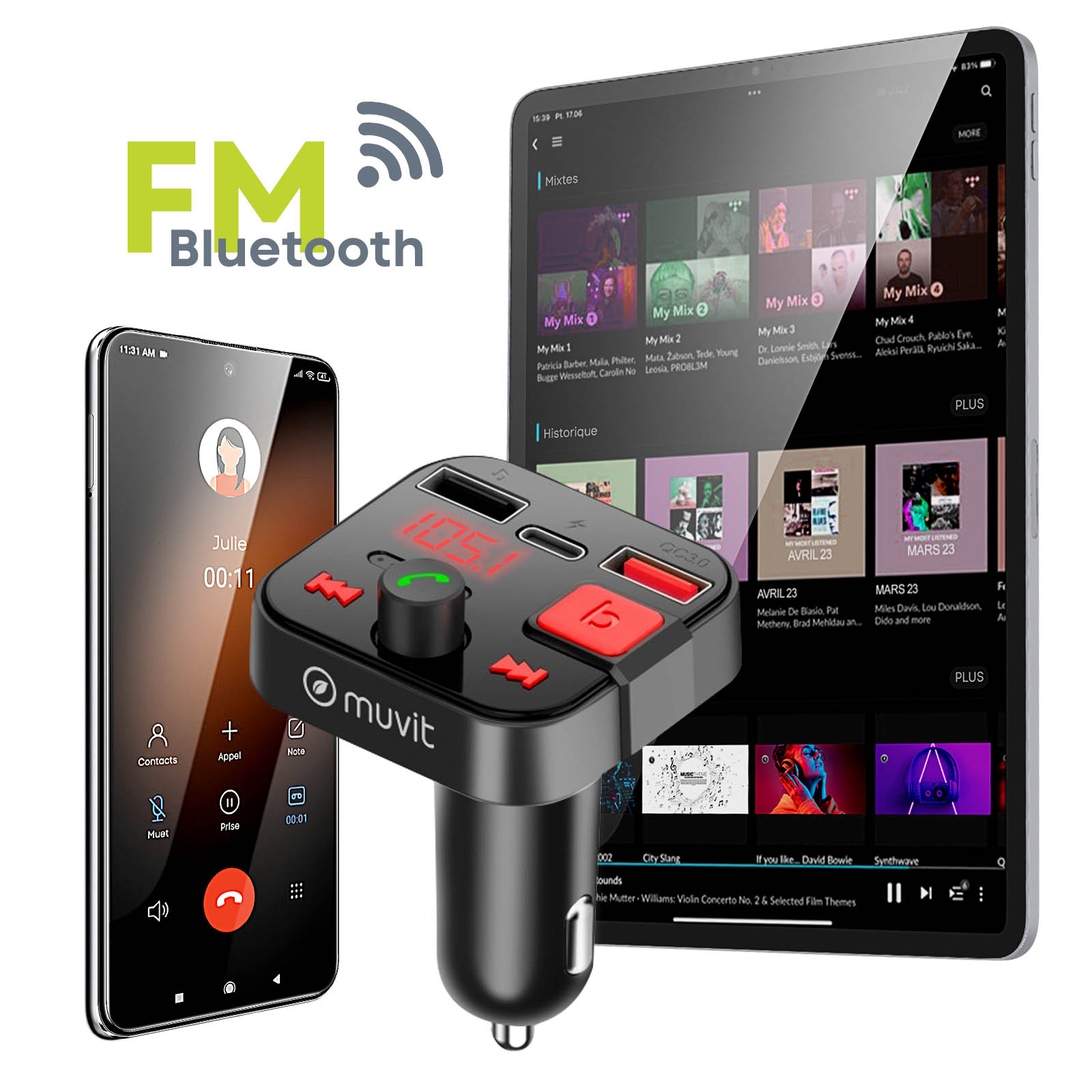 Smartphone und Tablet mit FM/Bluetooth-Autoladegerät, Apps und Musikoberflächen anzeigend.