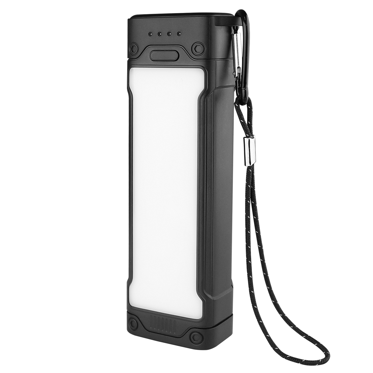 Schwarzes Taschenlampen-ähnliches Gerät mit weißem Lichtfeld und Aufhängeschlaufe.