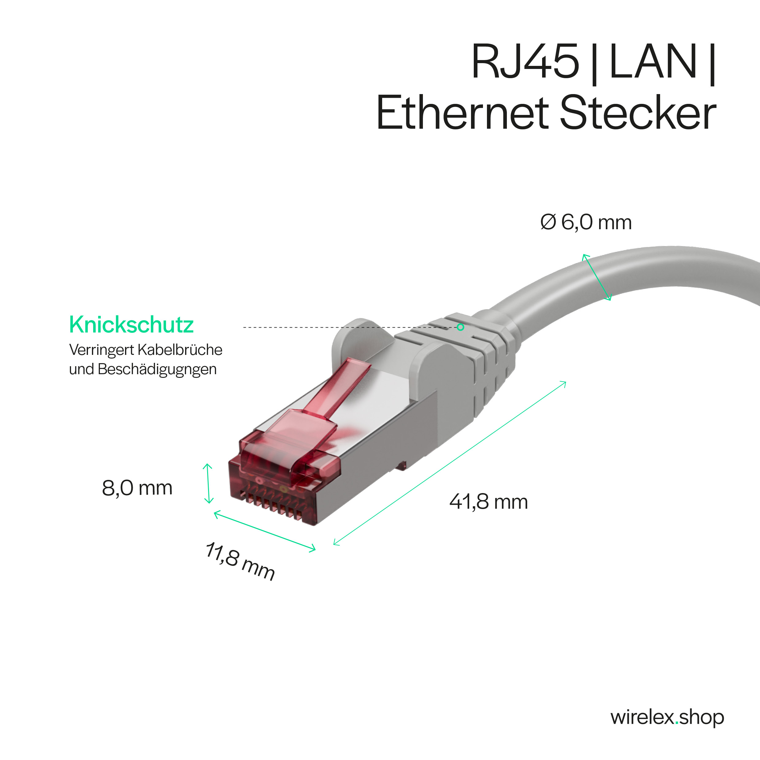 Ein grauer RJ45-Ethernet-Stecker mit Abmessungen und Beschriftungen. Text auf Deutsch.