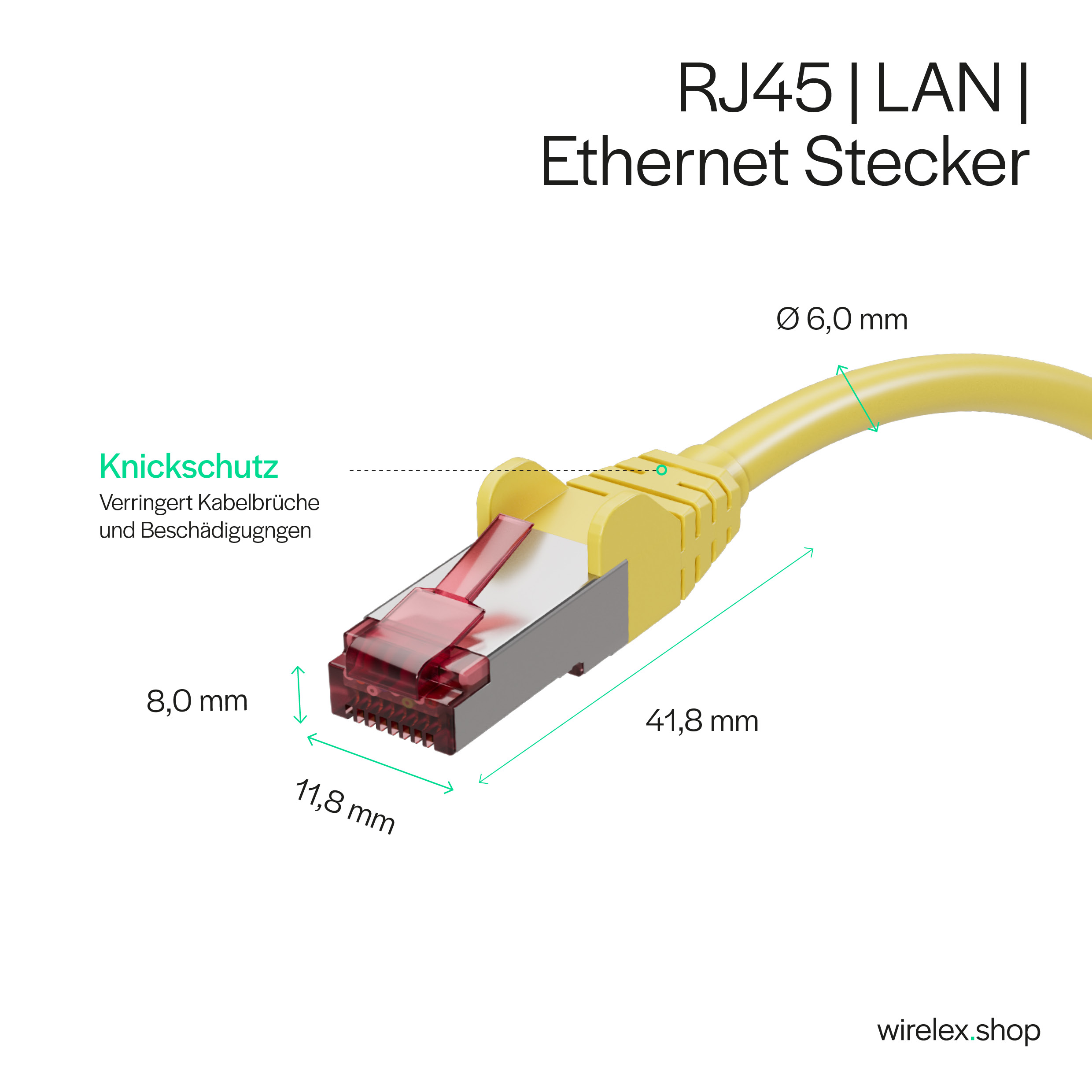 Ein gelber RJ45 LAN Ethernet-Stecker mit Abmessungen und einem Textetikett.