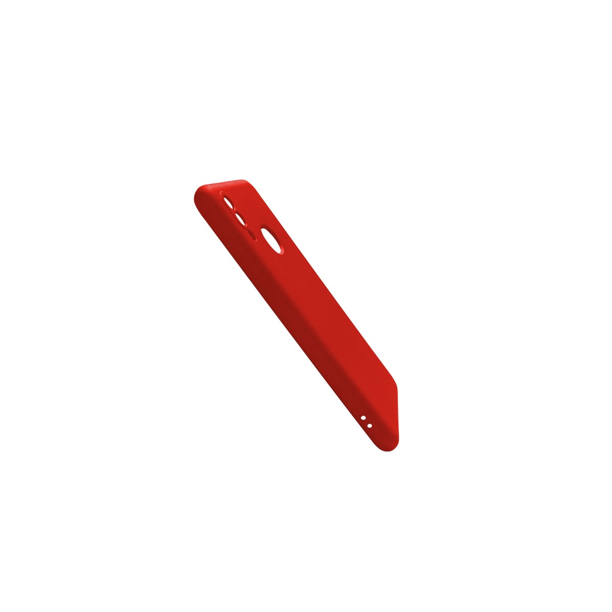 Eine rote Handyhülle, schräg. Es hat Ausschnitte für Kamera und Knöpfe. Es schwebt auf weißem Hintergrund.