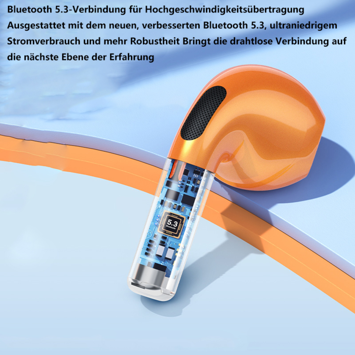 Auricular naranja con componentes técnicos en el interior. Texto Bluetooth 5.3 visible. En un fondo naranja.