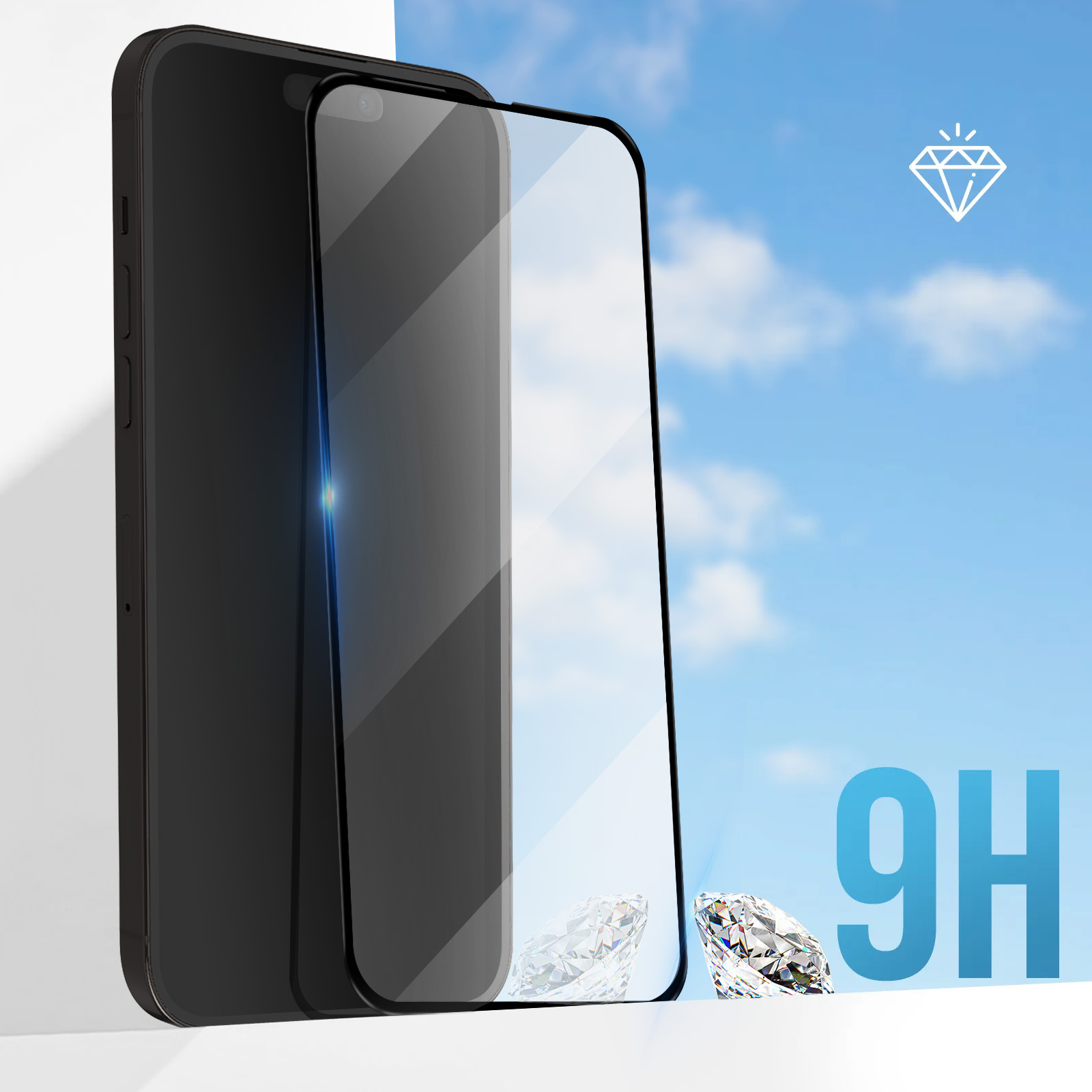 Telefono con protezione schermo. Vetro 9H con diamanti su sfondo blu.