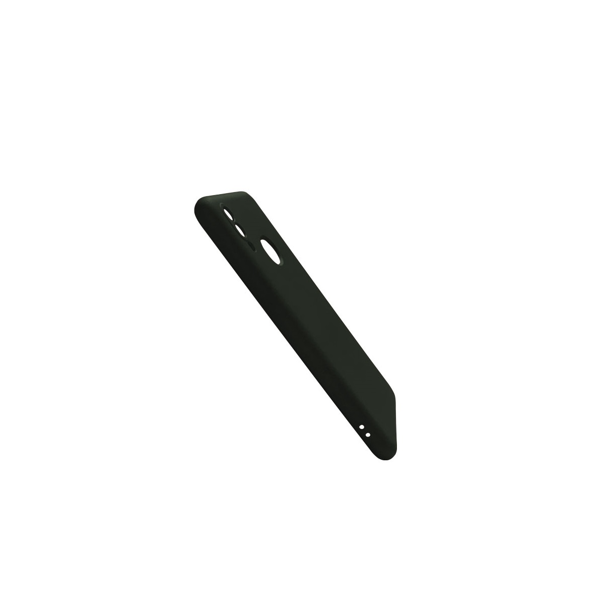 Schwarze Handyhülle, angewinkelt, mit Kamera- und Knopflöchern. Weißer Hintergrund.