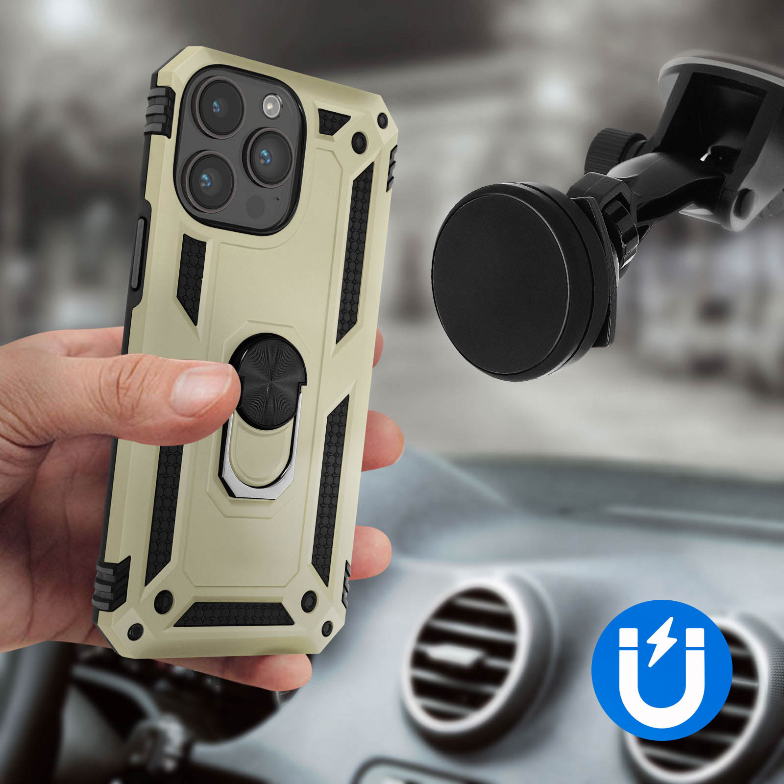 Hand, die ein Telefon mit Hülle und Autohalterung hält. Auto-Innenraum im Hintergrund.