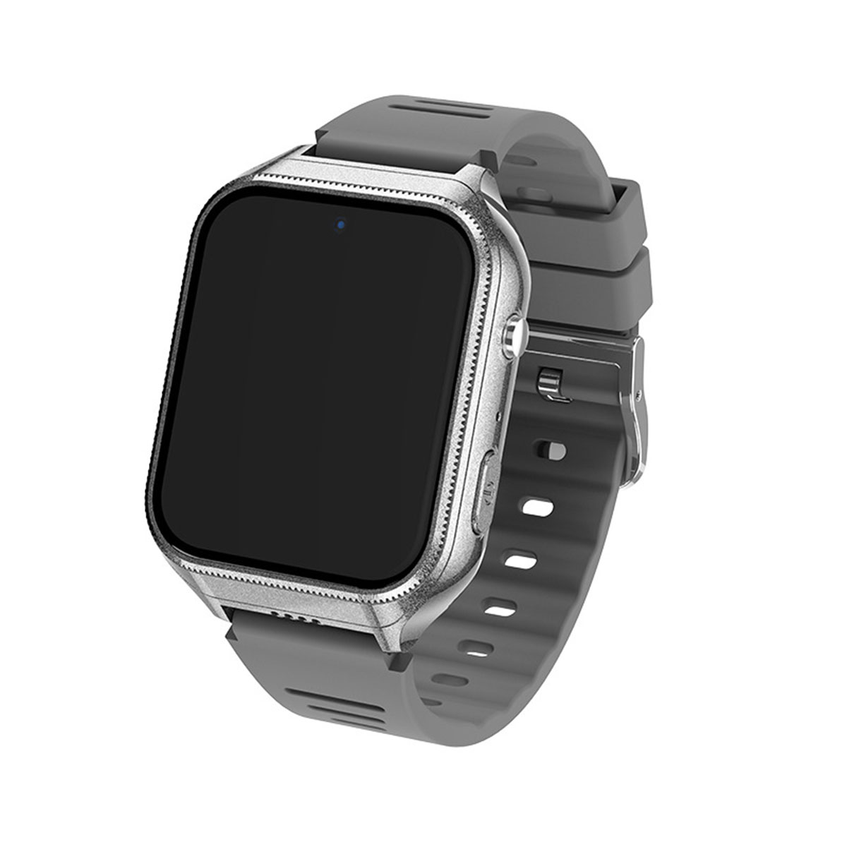 Eine silberne Smartwatch mit schwarzem Bildschirm und grauem Armband vor weißem Hintergrund.