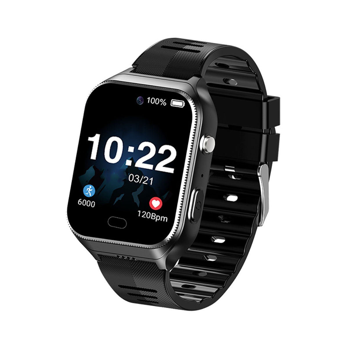 Smartwatch, das Zeit und Aktivitätsdaten anzeigt, schwarzes Armband.