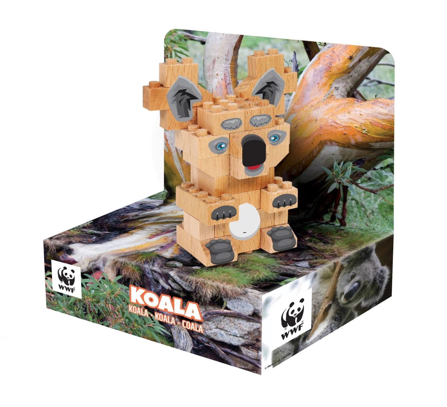 Ein hölzernes Koala-Spielzeug auf einem WWF-gebrandeten Display, mit Koala-Bildern.