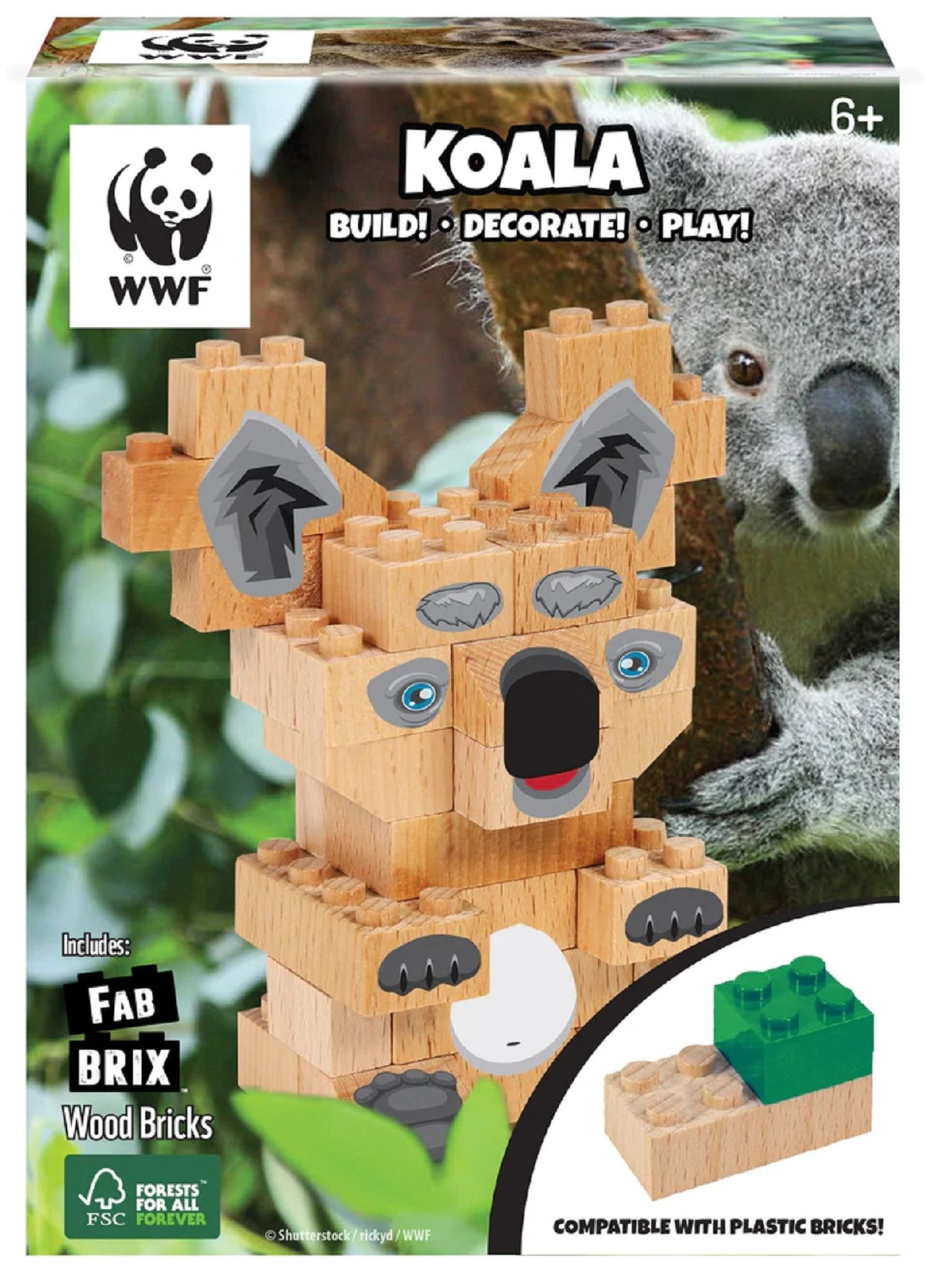 Koala-Spielzeug aus Holzblöcken, auf einer Produktverpackung mit Text.