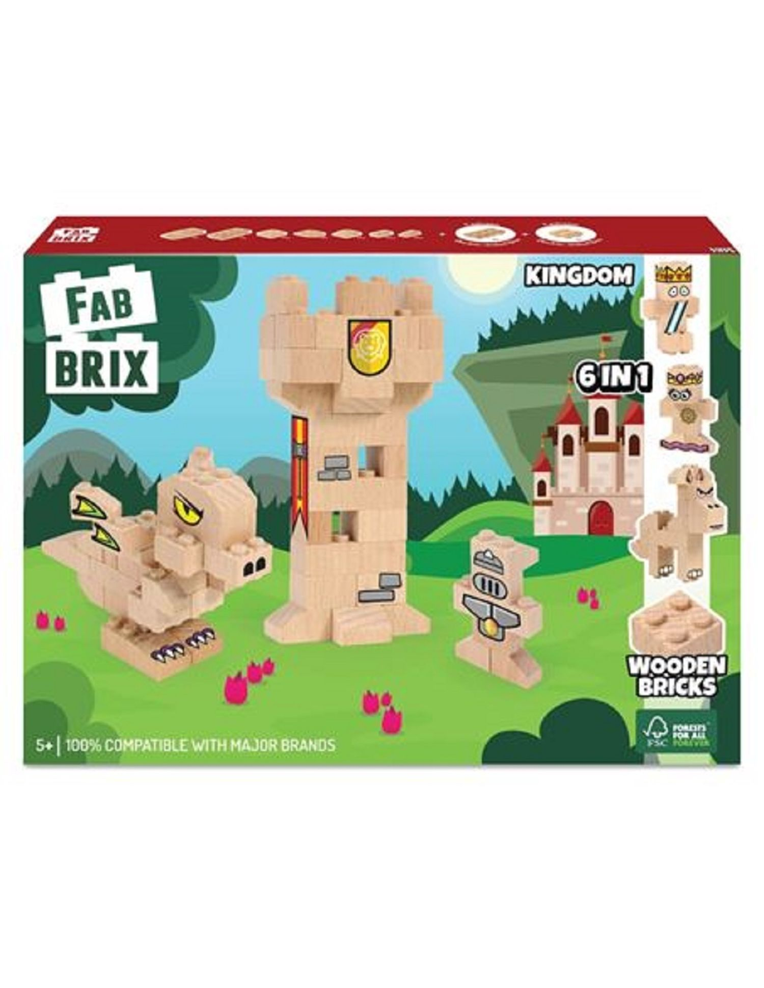 Kiste mit Holzbausteinen. Enthält eine Burg, einen Drachen, einen Ritter und andere Holzelemente.