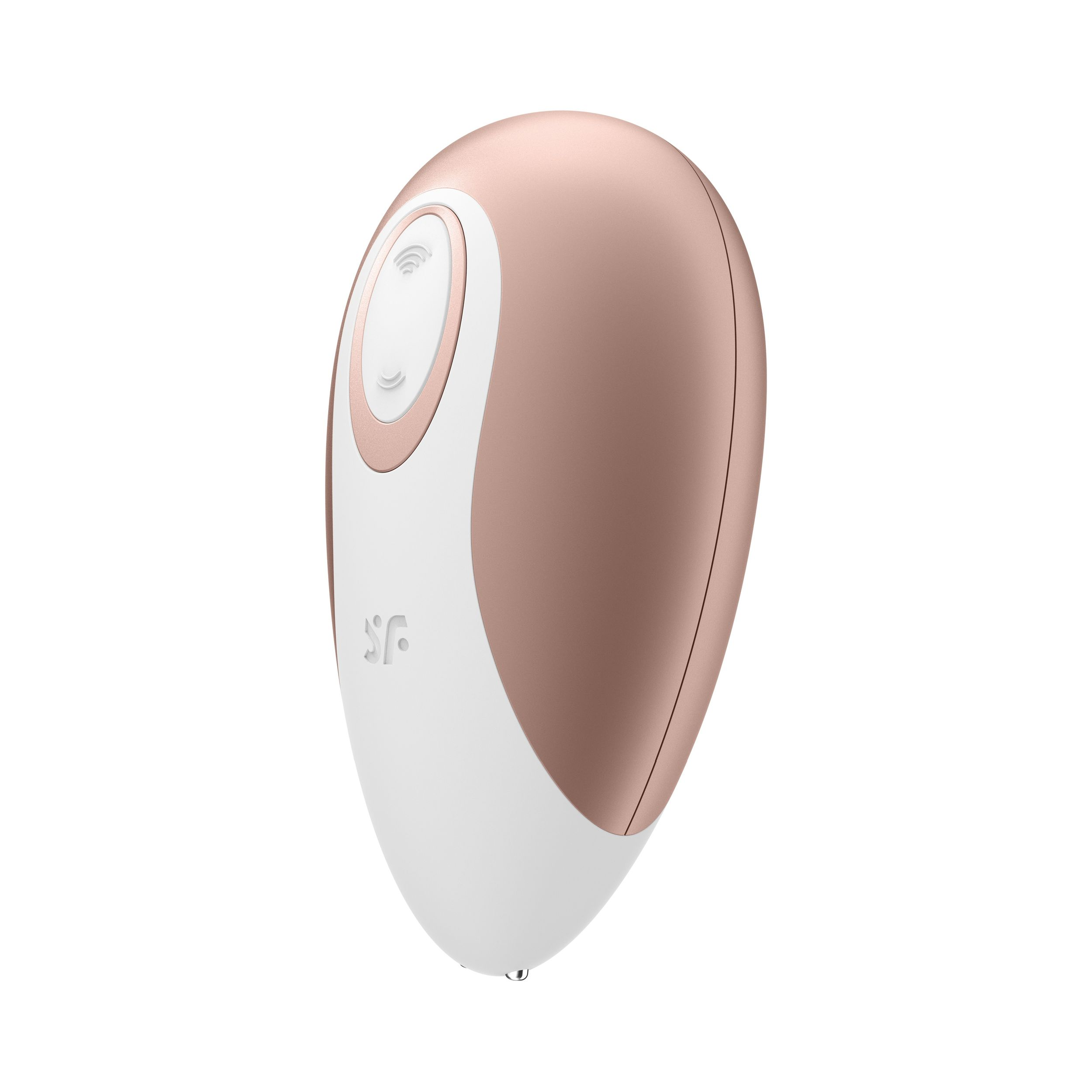 Różowe złoto i biała zabawka erotyczna o zaokrąglonym kształcie. Ma guziki i logo.