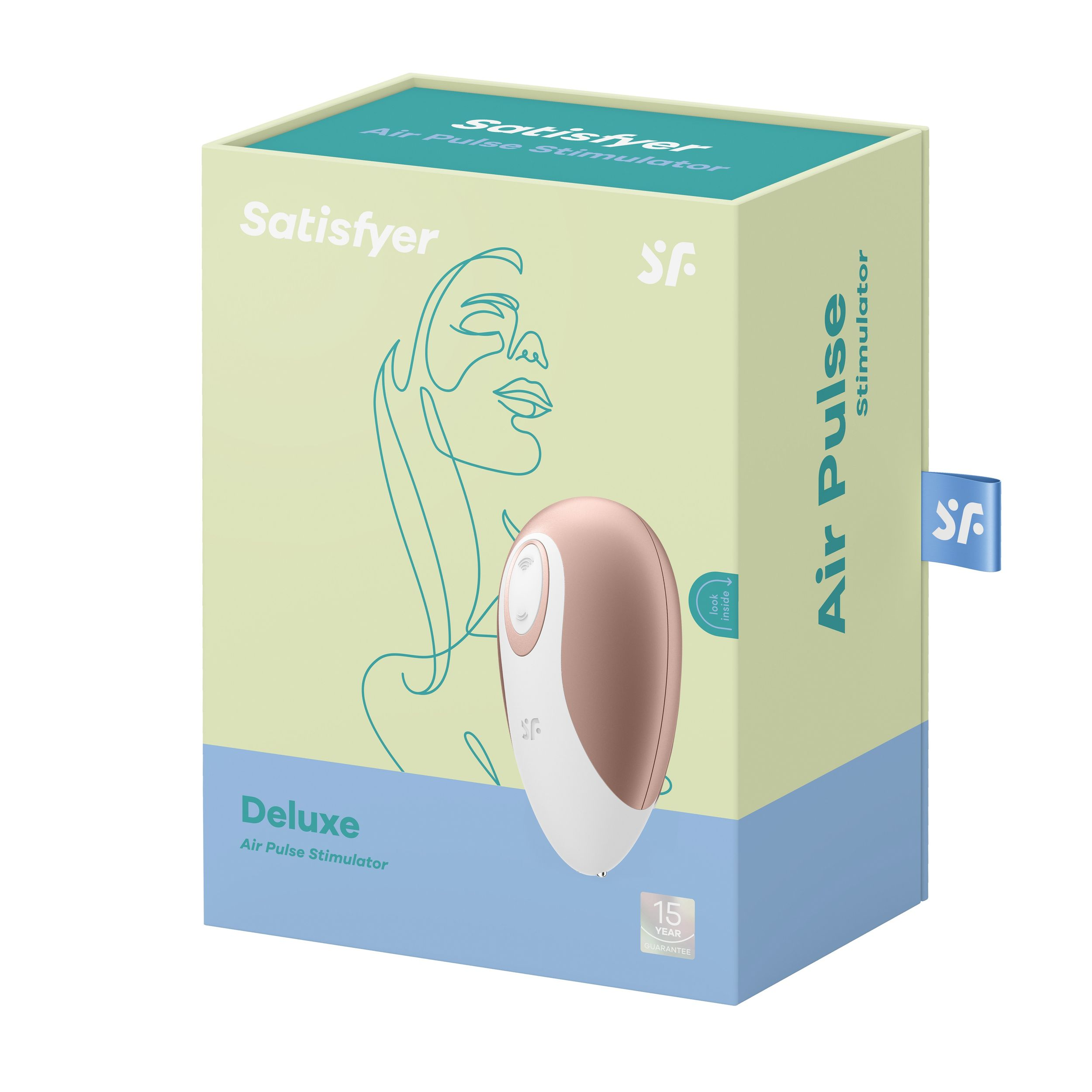 Pudełko Satisfyer Air Pulse Stimulator Deluxe, z produktem i konturem twarzy kobiety.