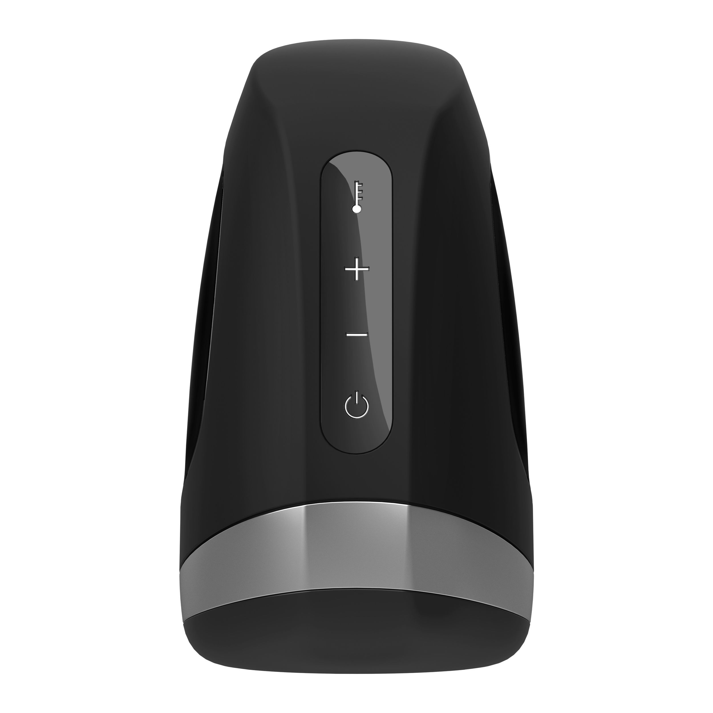 Czarne urządzenie elektroniczne z przyciskami i srebrną opaską. Posiada ikonę termometru.