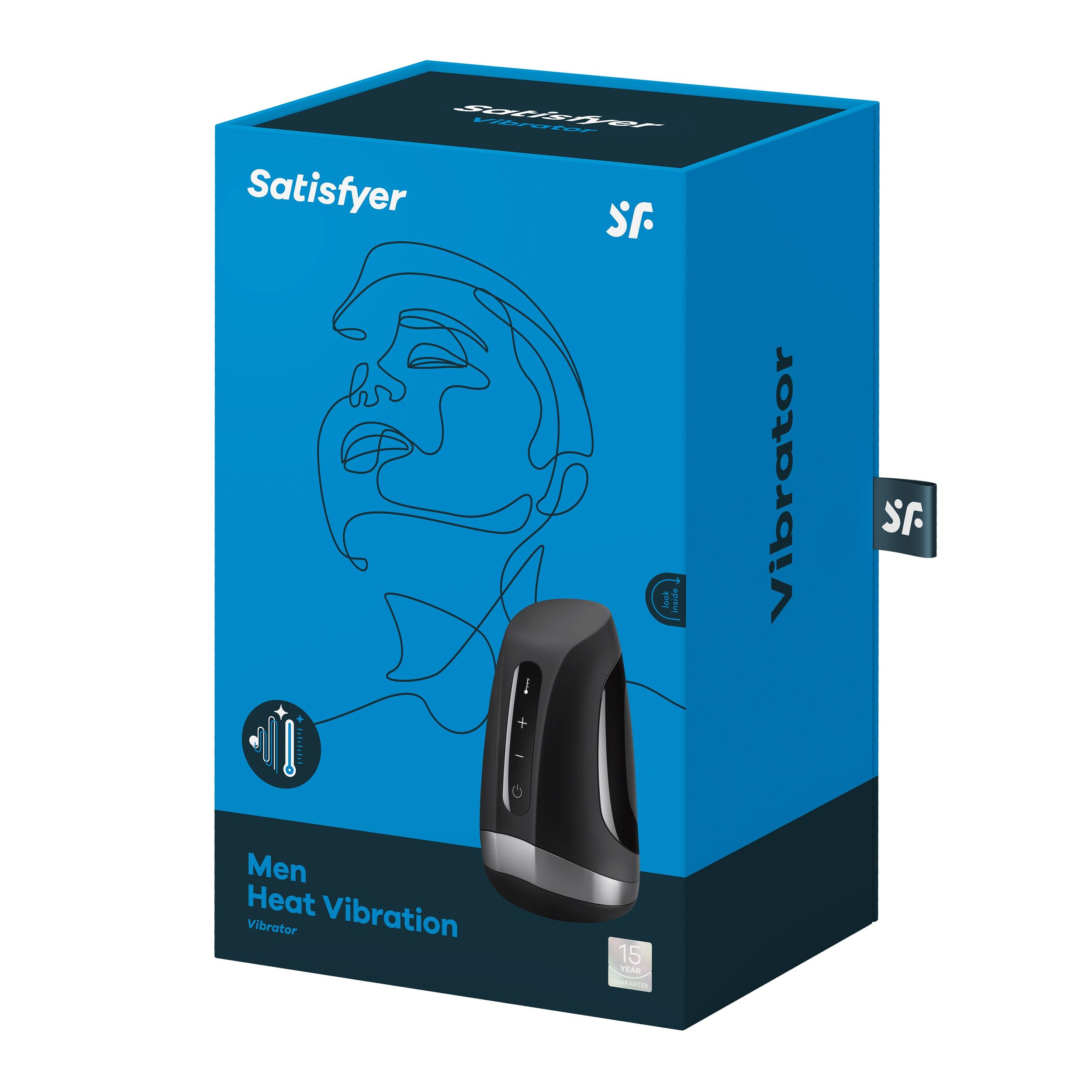 Wibrator dla mężczyzn w niebieskim pudełku. Zawiera słowo Satisfyer i funkcję wibracji cieplnej.