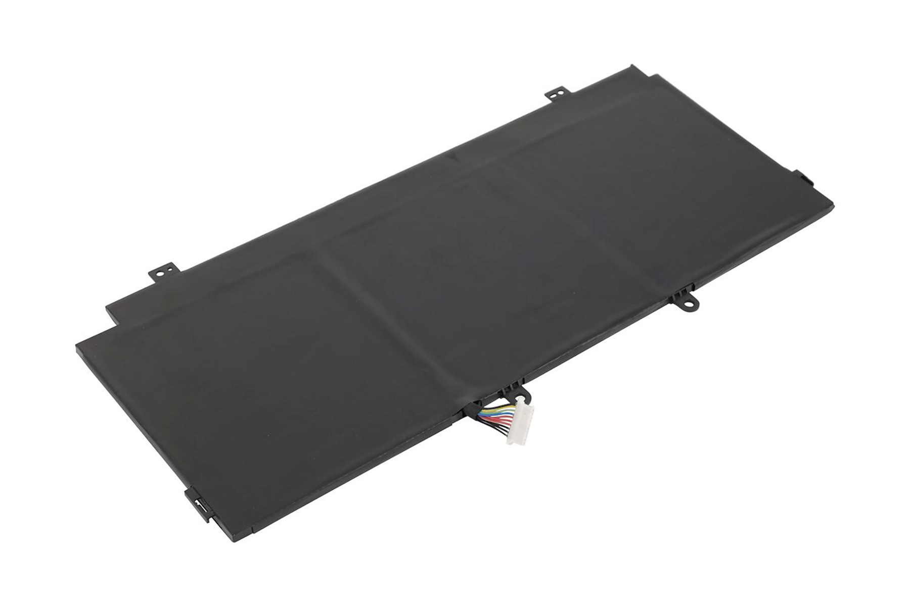 Batteria per laptop rettangolare nera con connettore e fili su sfondo bianco.