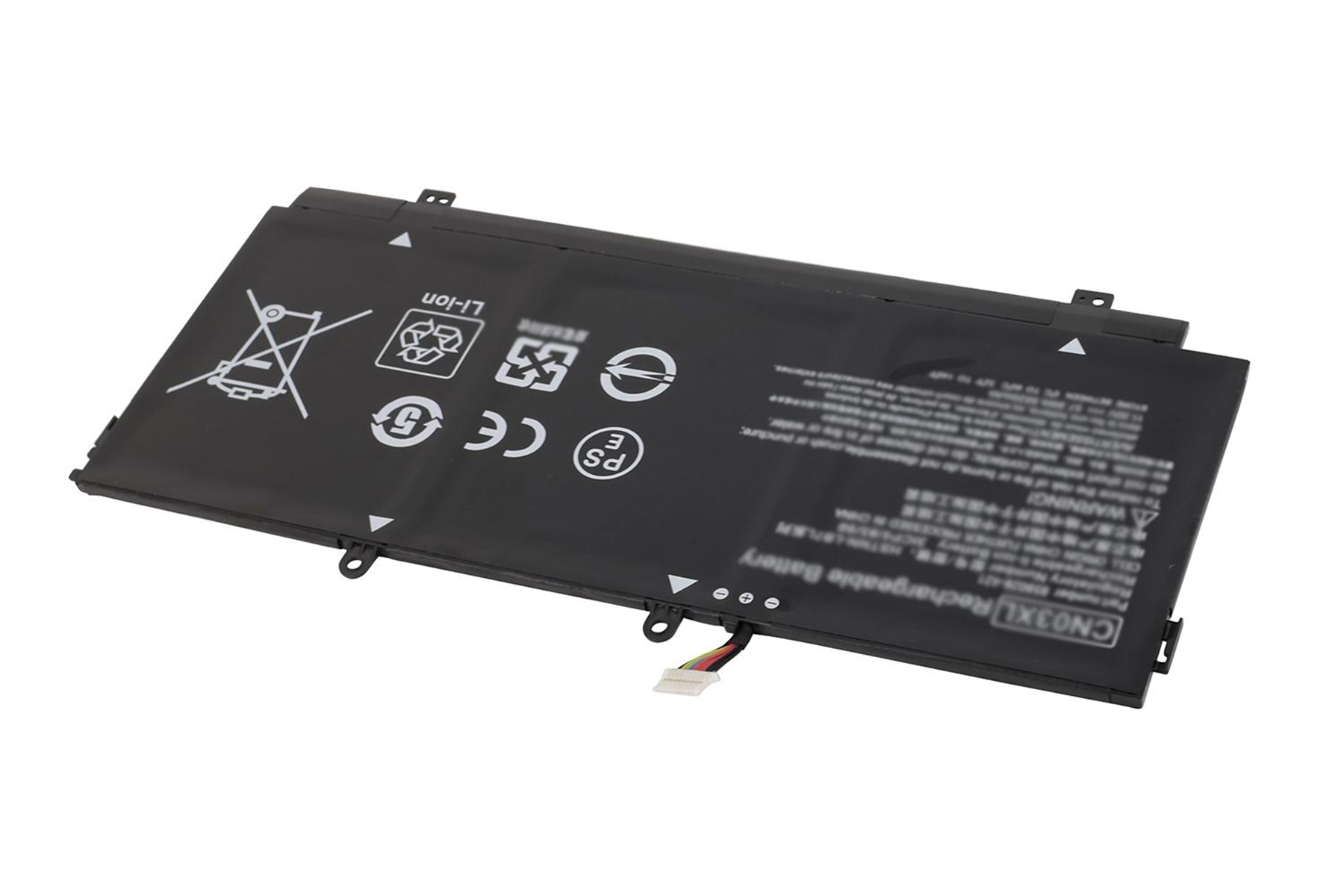 Batteria per laptop nera con simboli di sicurezza e testo su sfondo bianco. Contiene avvertenze e specifiche.