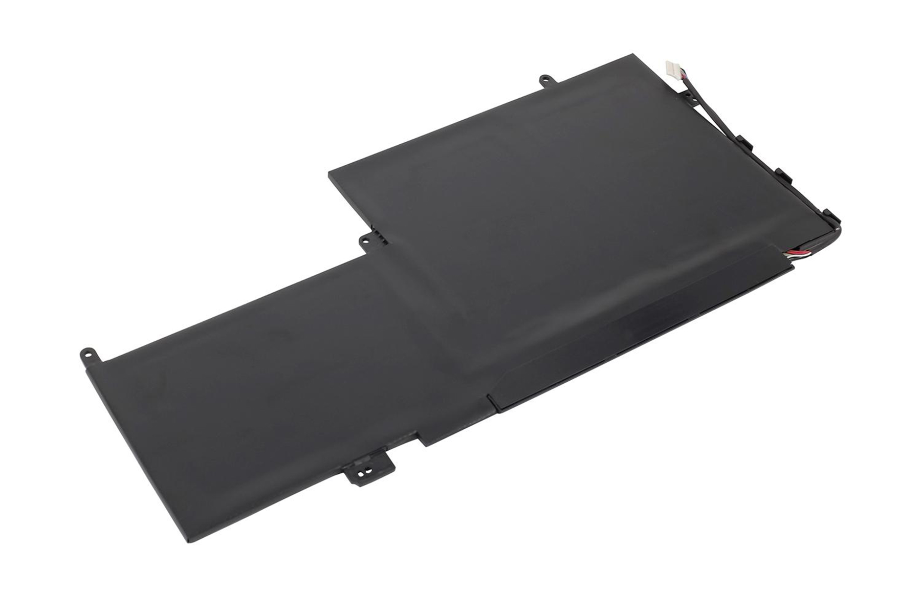 Schwarzer Laptop-Akku. Er hat ein schwarzes Kunststoffgehäuse. Die Oberseite ist flach und die Seite gewölbt.