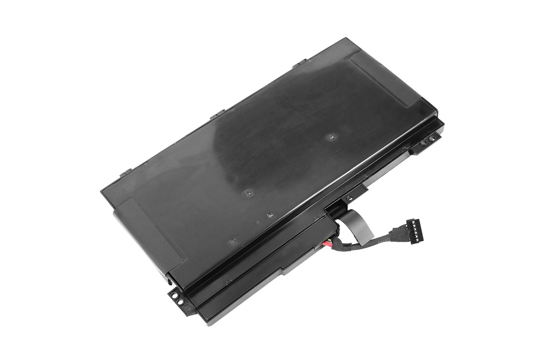 Una batteria per laptop nera, rettangolare, con un cavo connettore collegato. È su una superficie bianca.