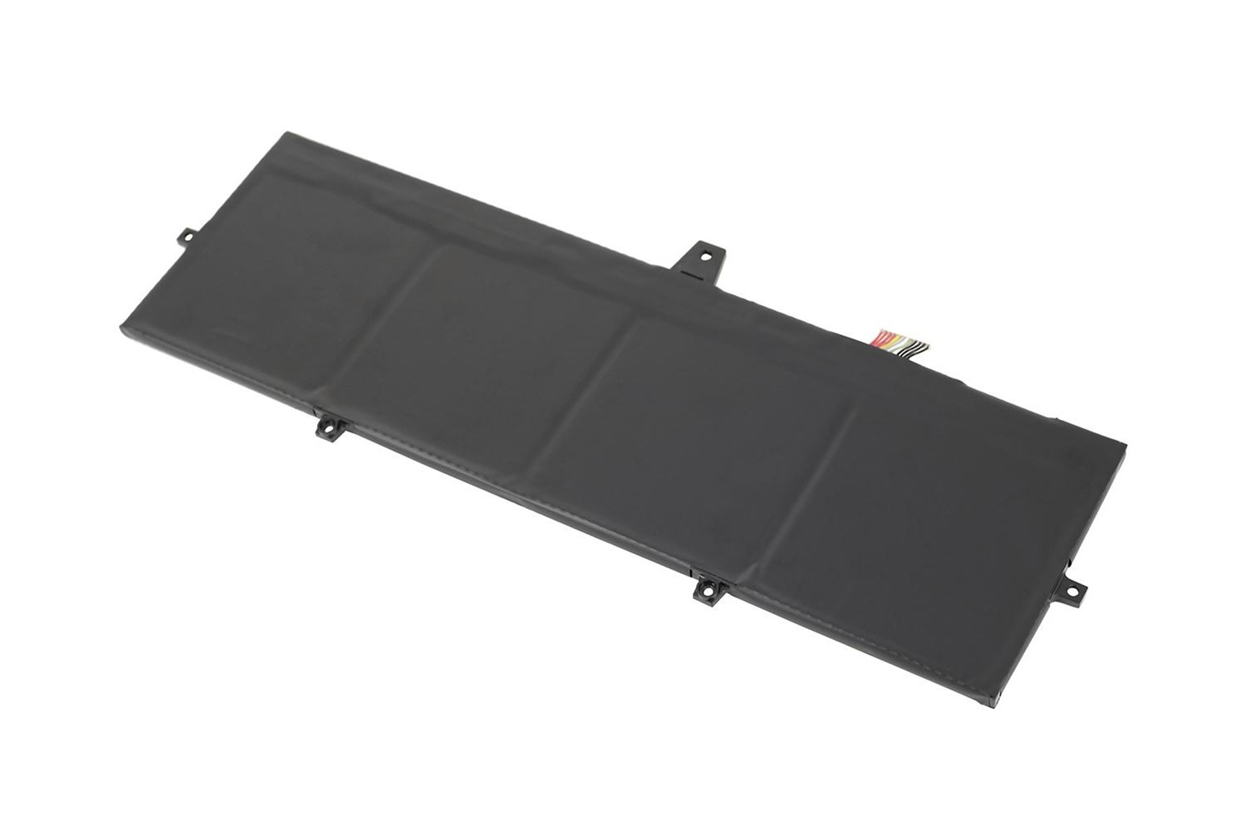 Batteria per laptop nera, rettangolare, con connettori e dettagli.