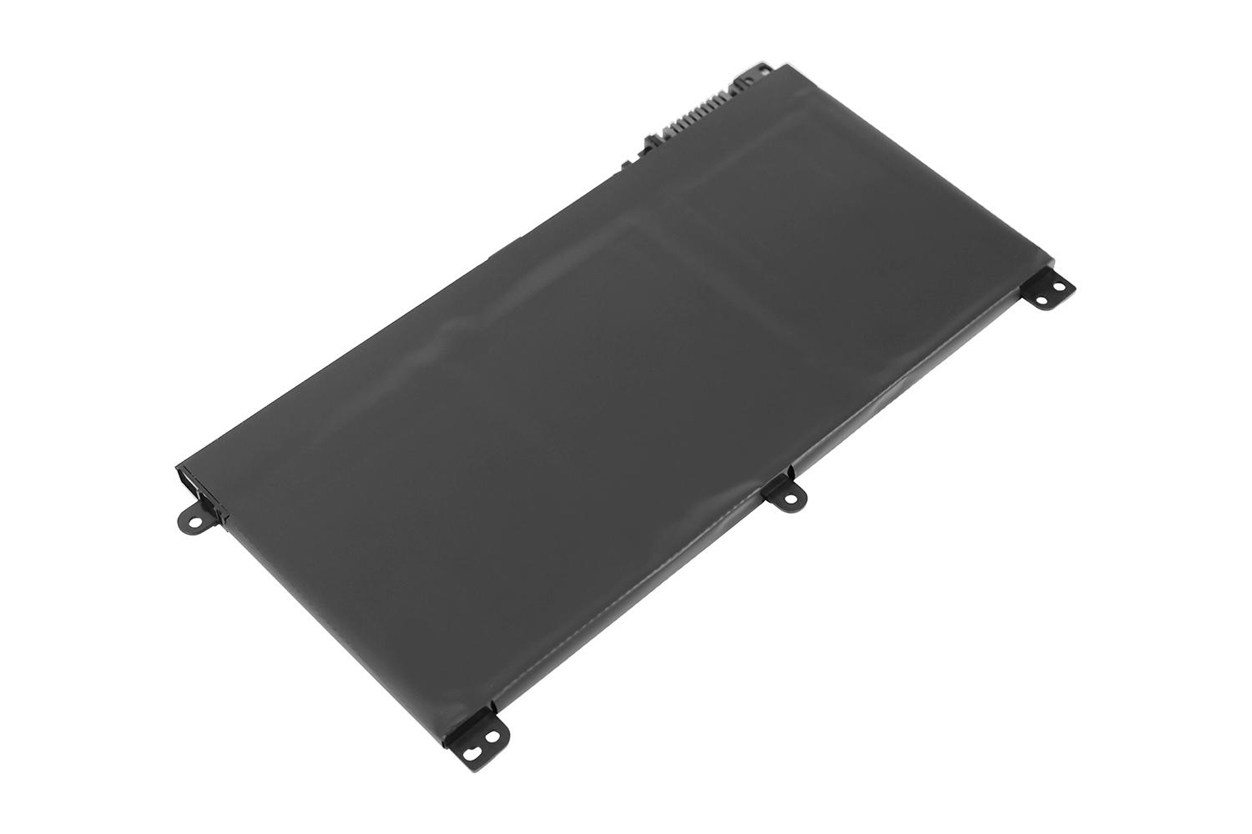 Una batteria per laptop rettangolare nera su sfondo bianco.
