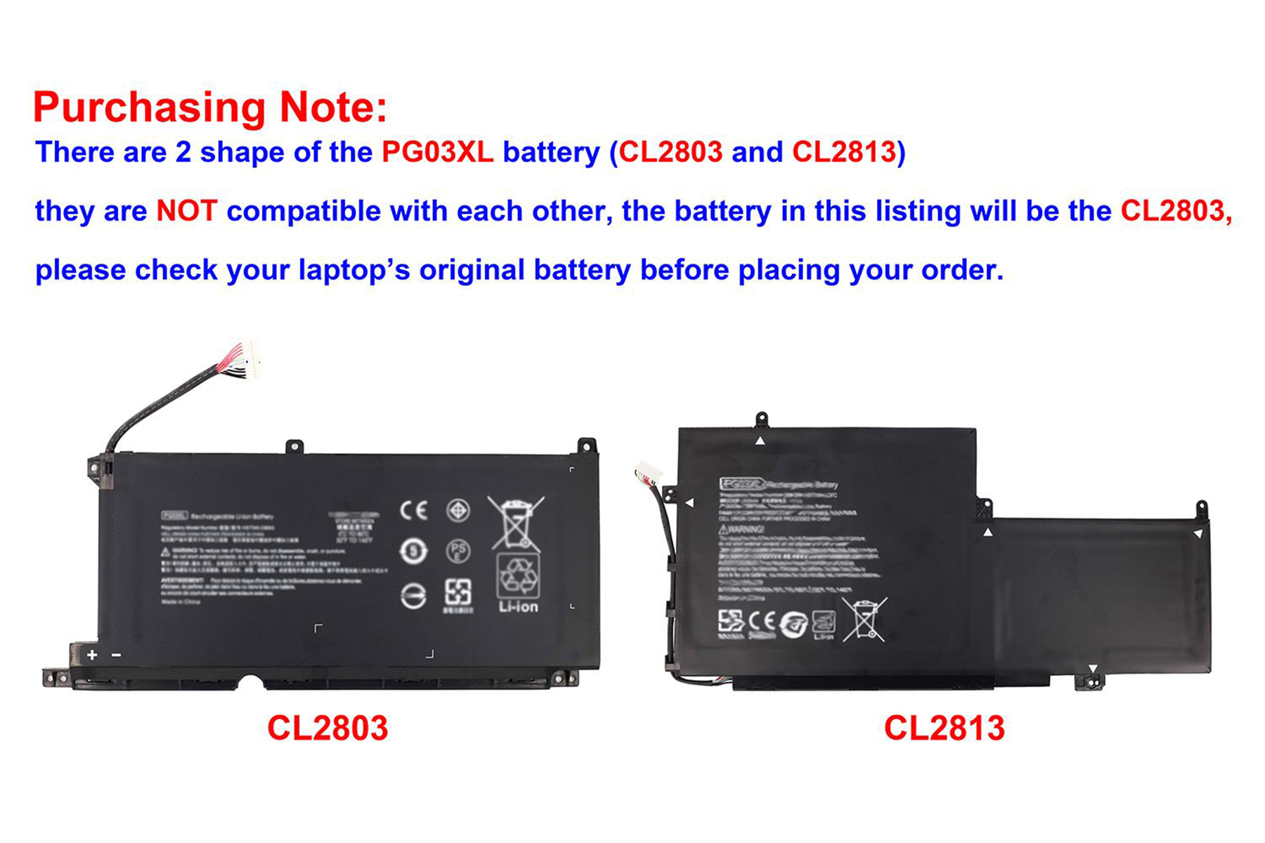 Due batterie per laptop, una CL2803 e l'altra CL2813, con informazioni sull'acquisto.