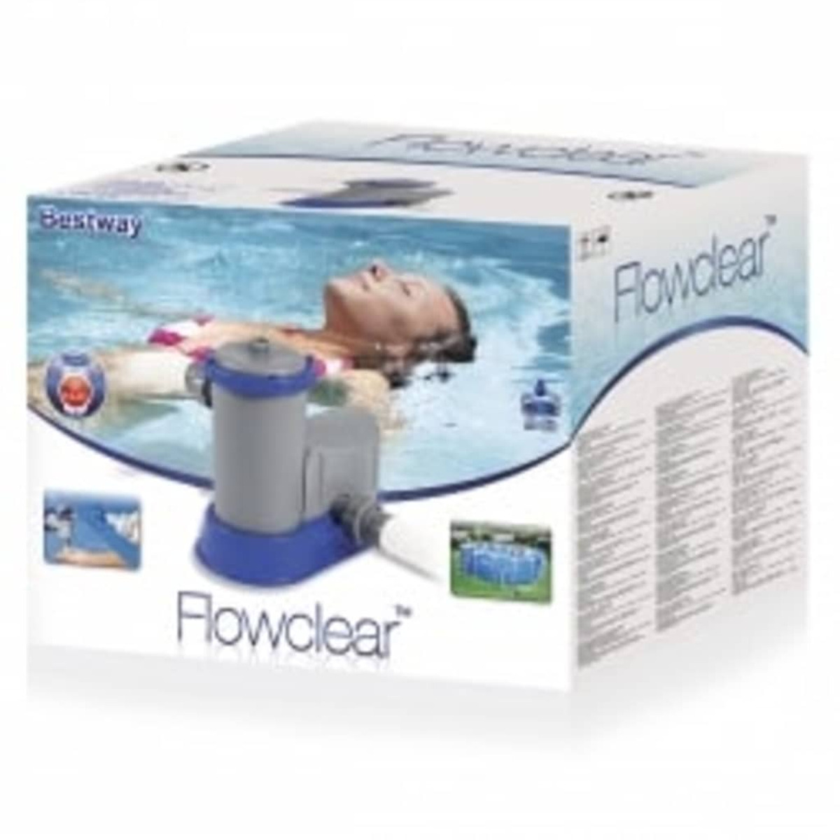 Caja con una persona flotando en una piscina, una bomba de piscina y la marca 'Flowclear'.