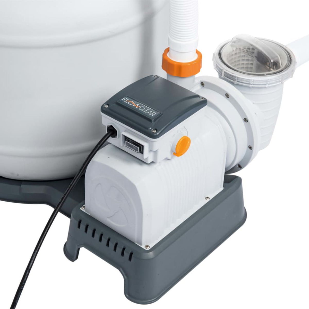 A white and gray pool pump with a black cable, attached to a white cylindrical object.