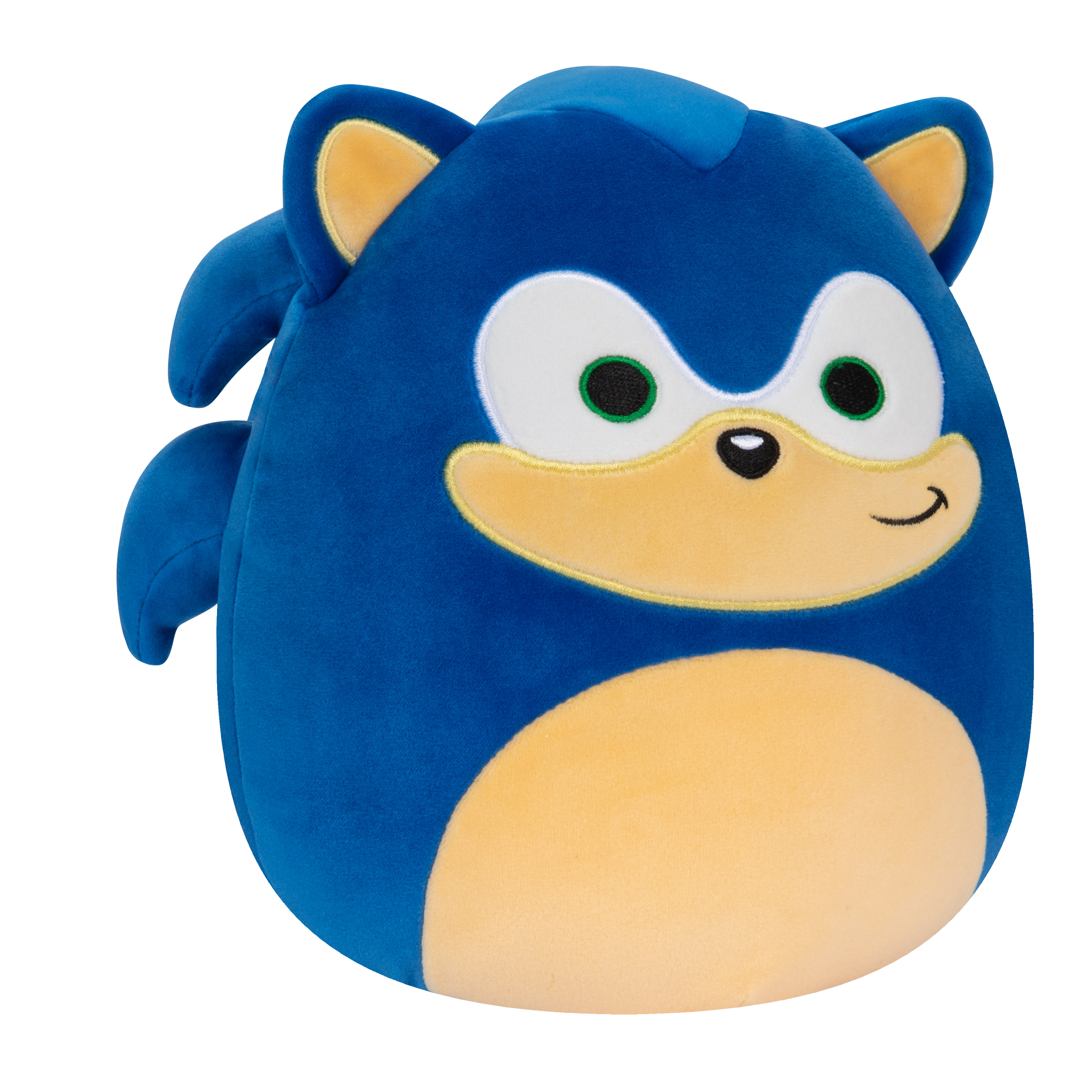 Plüsch-Sonic-Spielzeug. Blauer Körper, weiße Augen, gelbe Ohren und ein tanfarbener Bauch. Lächeln.