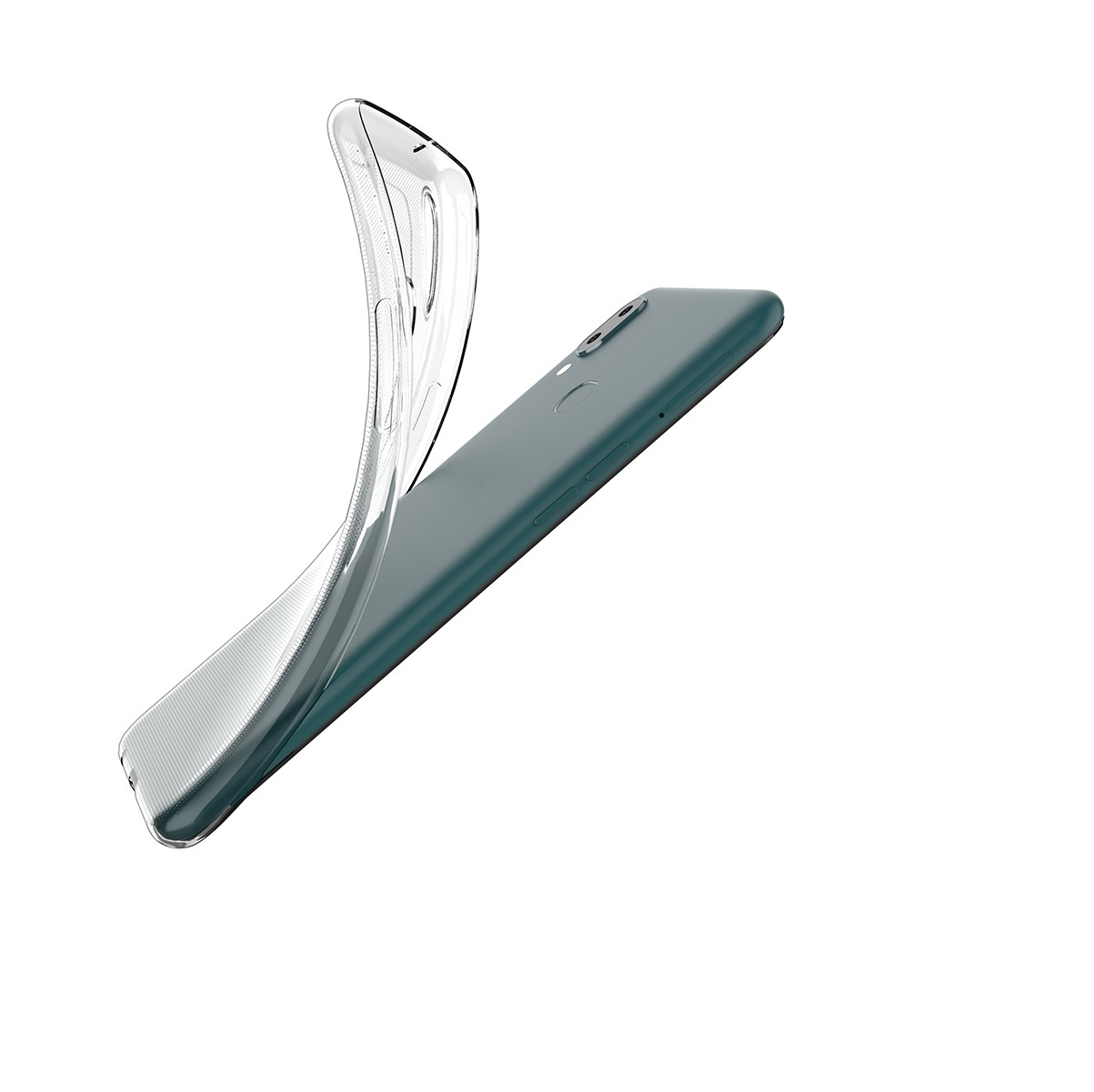 Eine transparente Handyhülle liegt über einem tealfarbenen Handy, vor weißem Hintergrund.