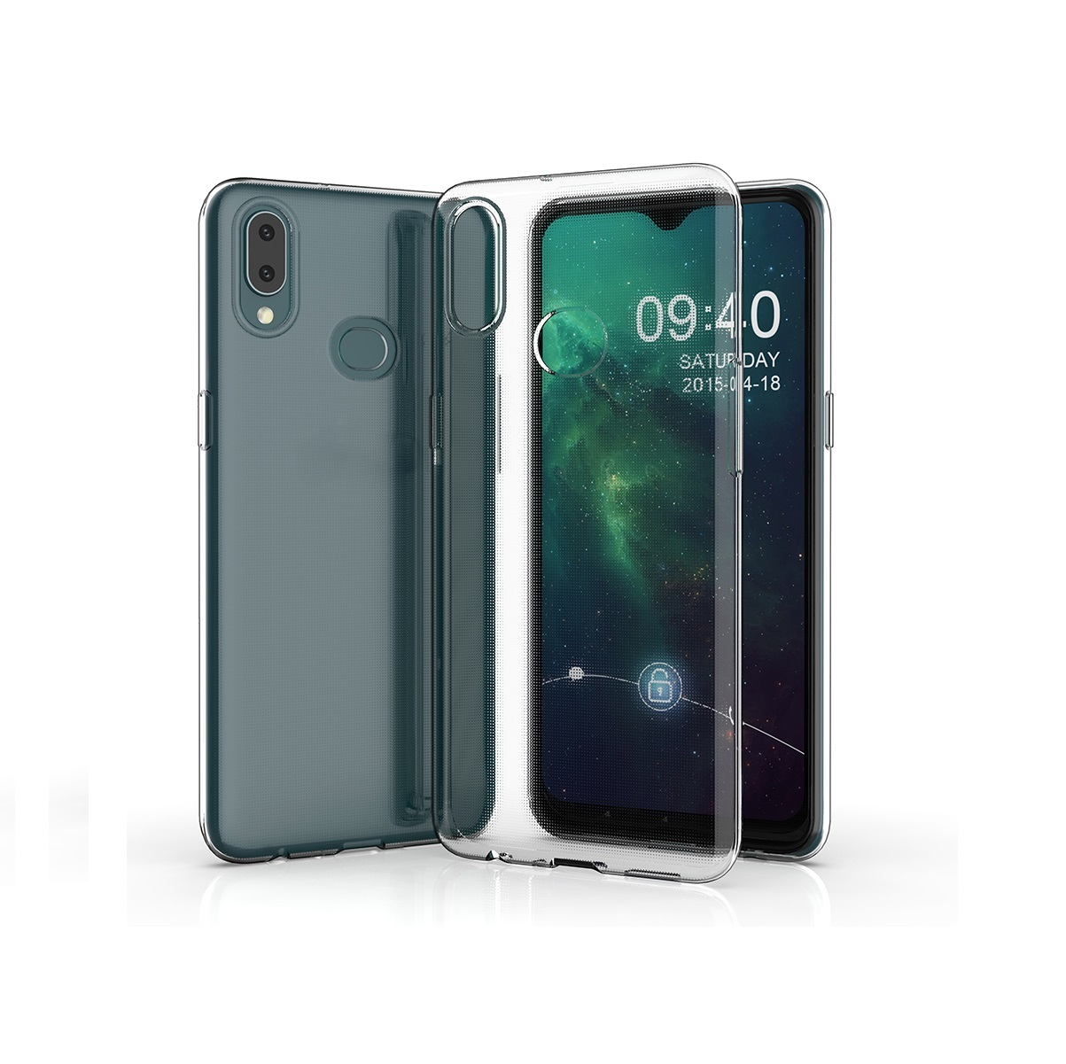 Transparente Handyhülle und Telefon mit Bildschirm, der Zeit und Datum anzeigt. Ein weiteres Gehäuse links.