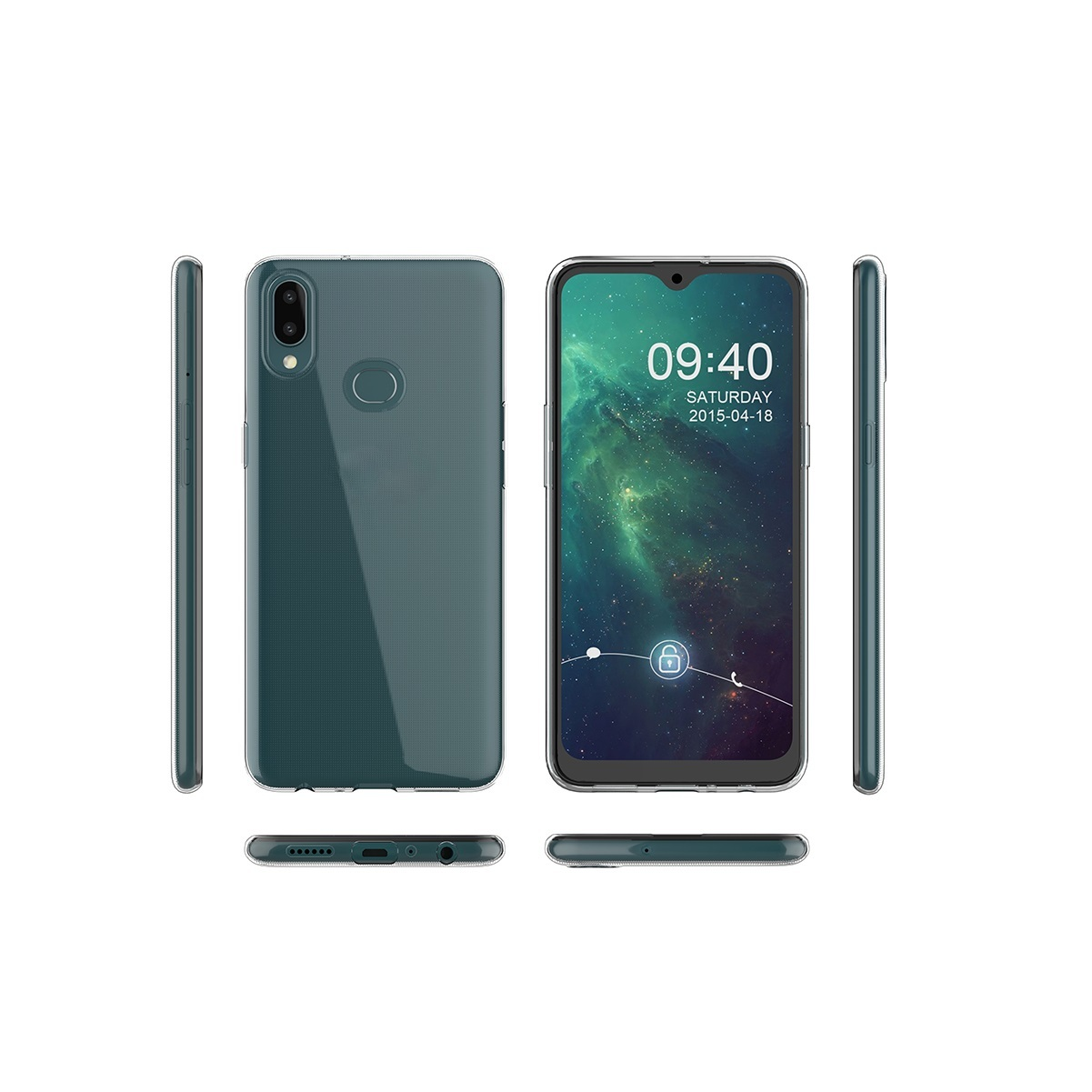 Ein Smartphone mit transparentem grünen Gehäuse, das Vorder- und Seitenansichten zeigt.