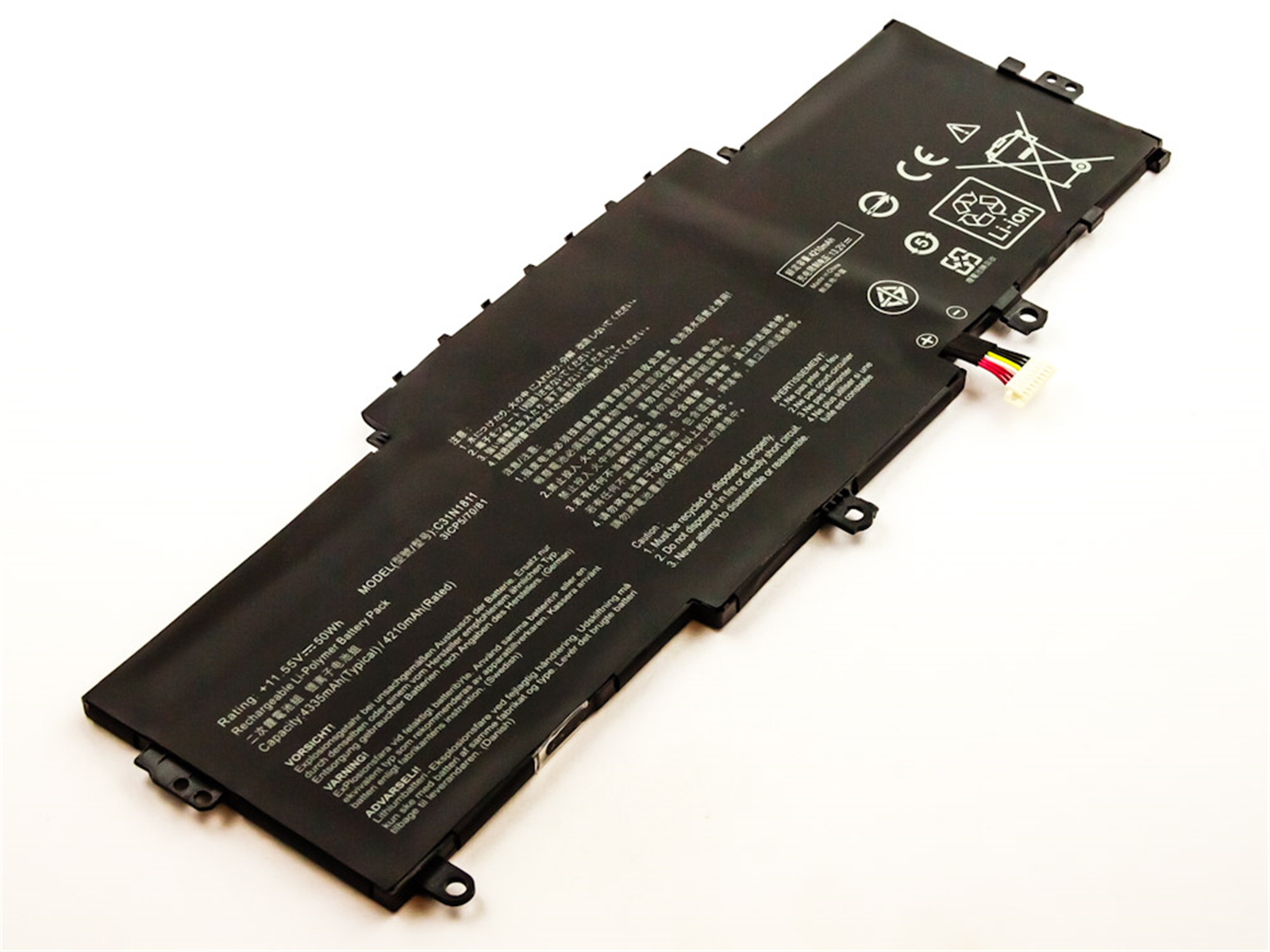 Ein schwarzes Laptop-Akkupack mit Text und Warnhinweisen.