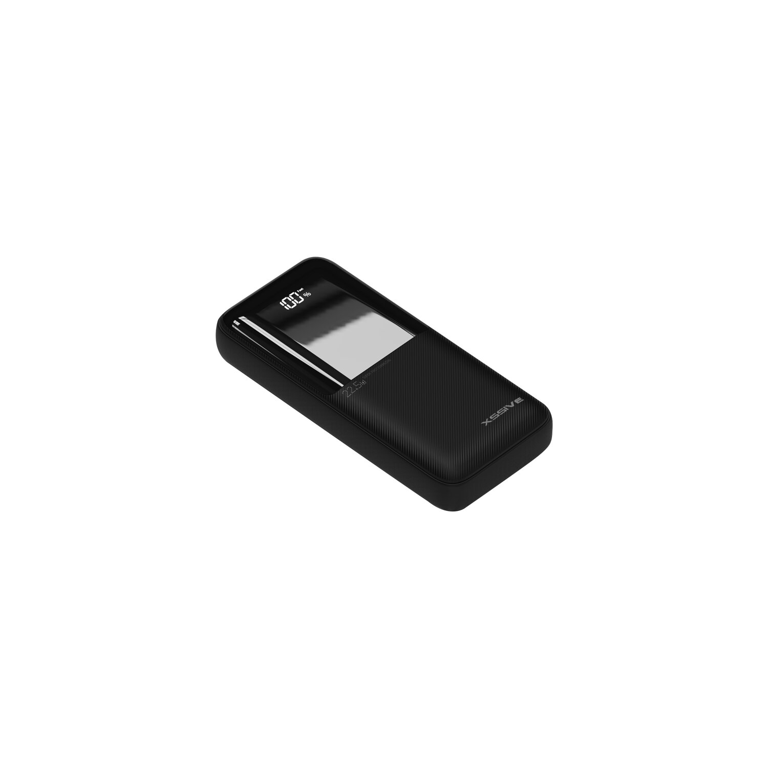 Eine schwarze Powerbank mit digitaler Anzeige, die 100 % Ladung anzeigt.