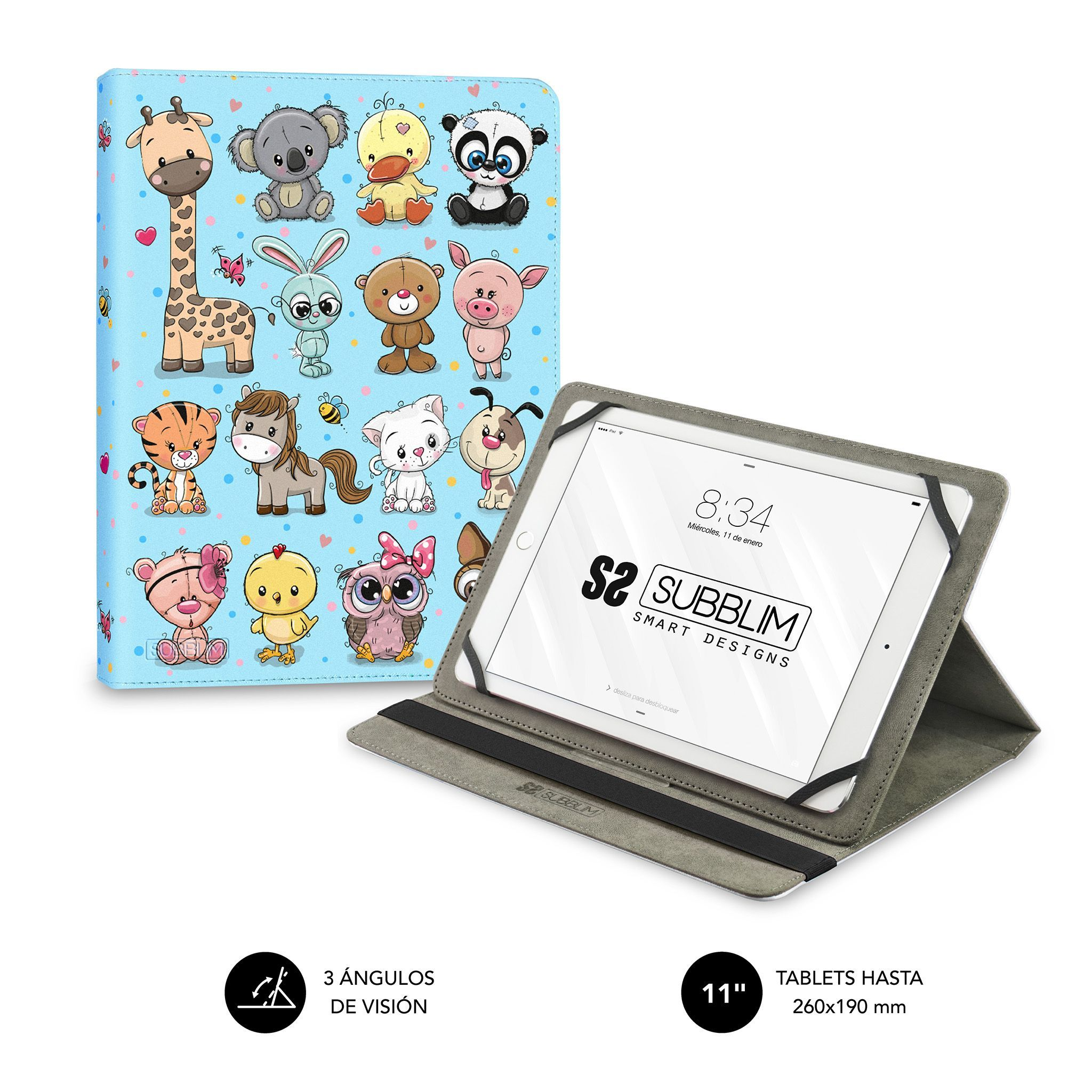 Funda de tableta con animales, abierta para mostrar la tableta dentro. Fondo azul claro con texto.