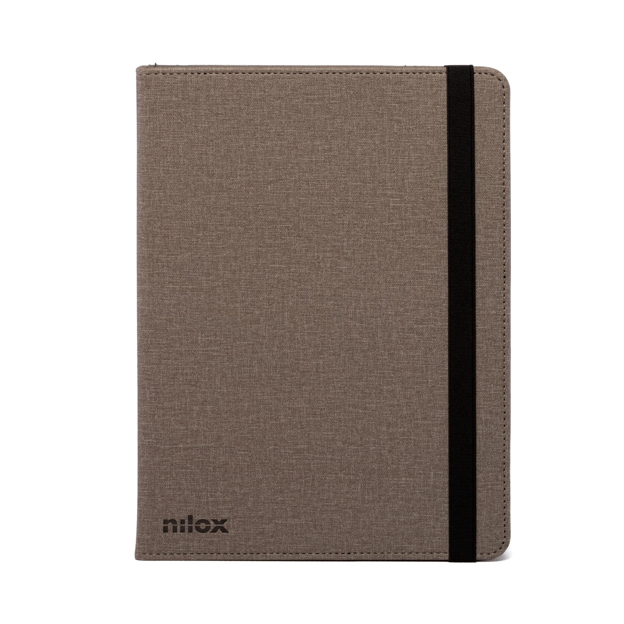 Funda de tableta, tela marrón, con una banda elástica negra. La marca 'nilox' es visible en la parte inferior.
