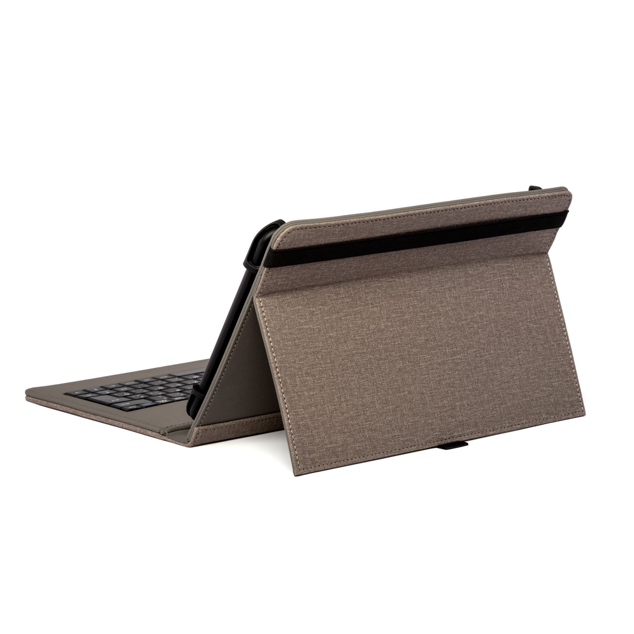 Tableta con funda de teclado, sobre una superficie blanca, funda gris y teclado negro.