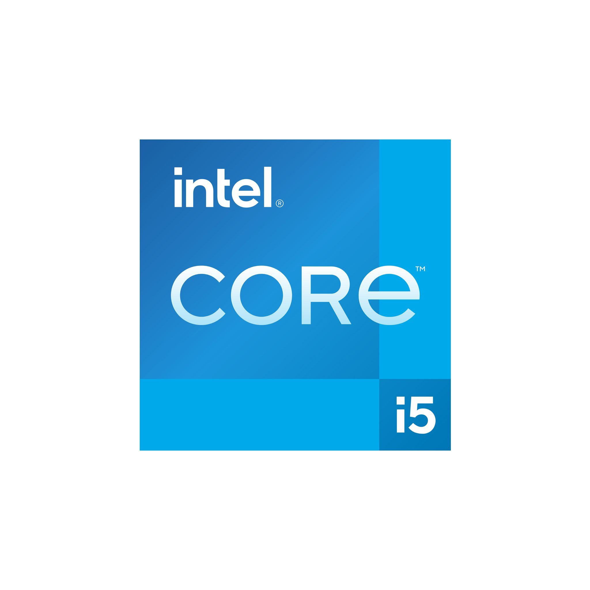 Intel Core i5 Logo auf weißem Hintergrund. Logo ist blau und weiß, quadratisch.